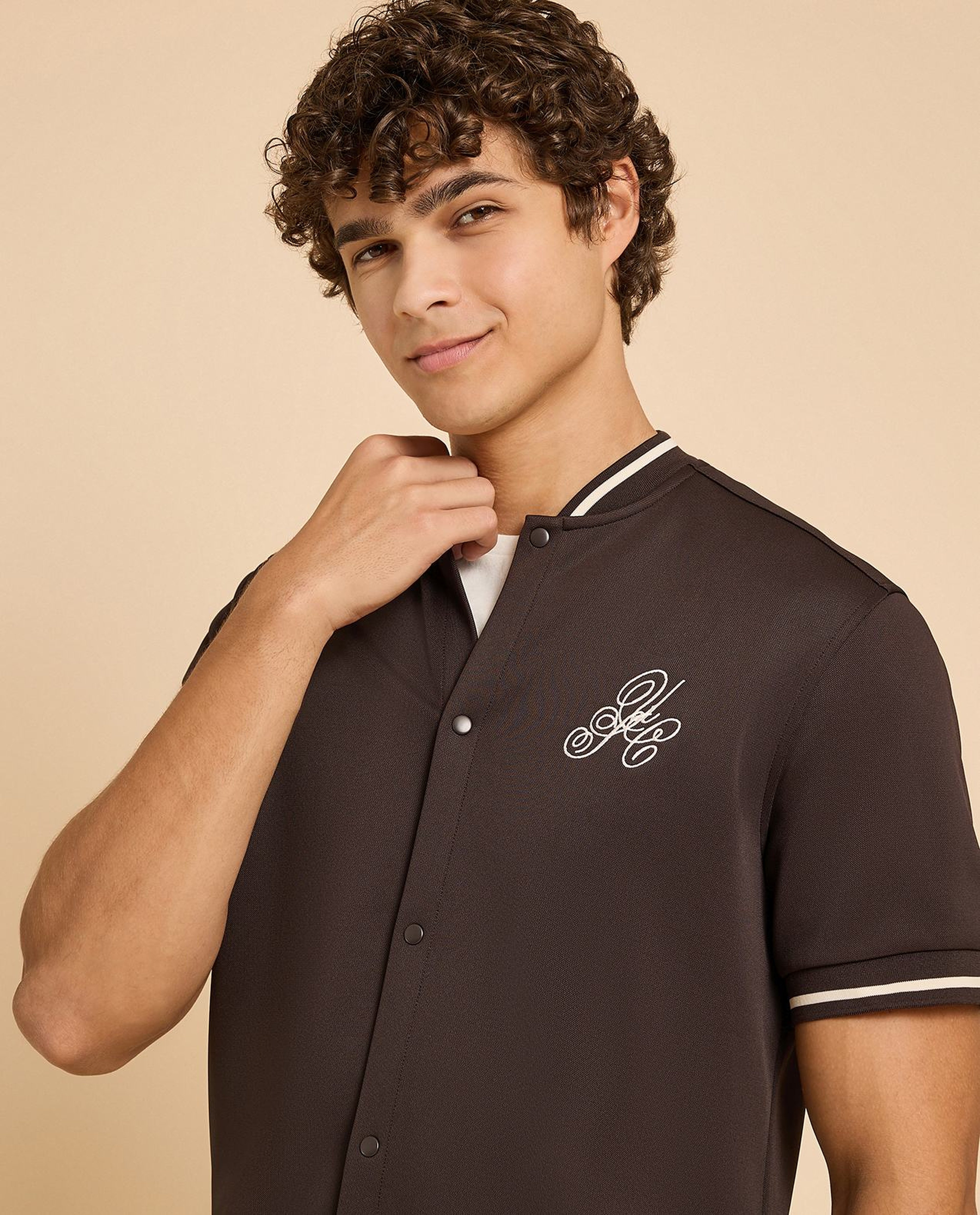 Embroidery Detail Shirt with Stand Collar and Short Sleeves