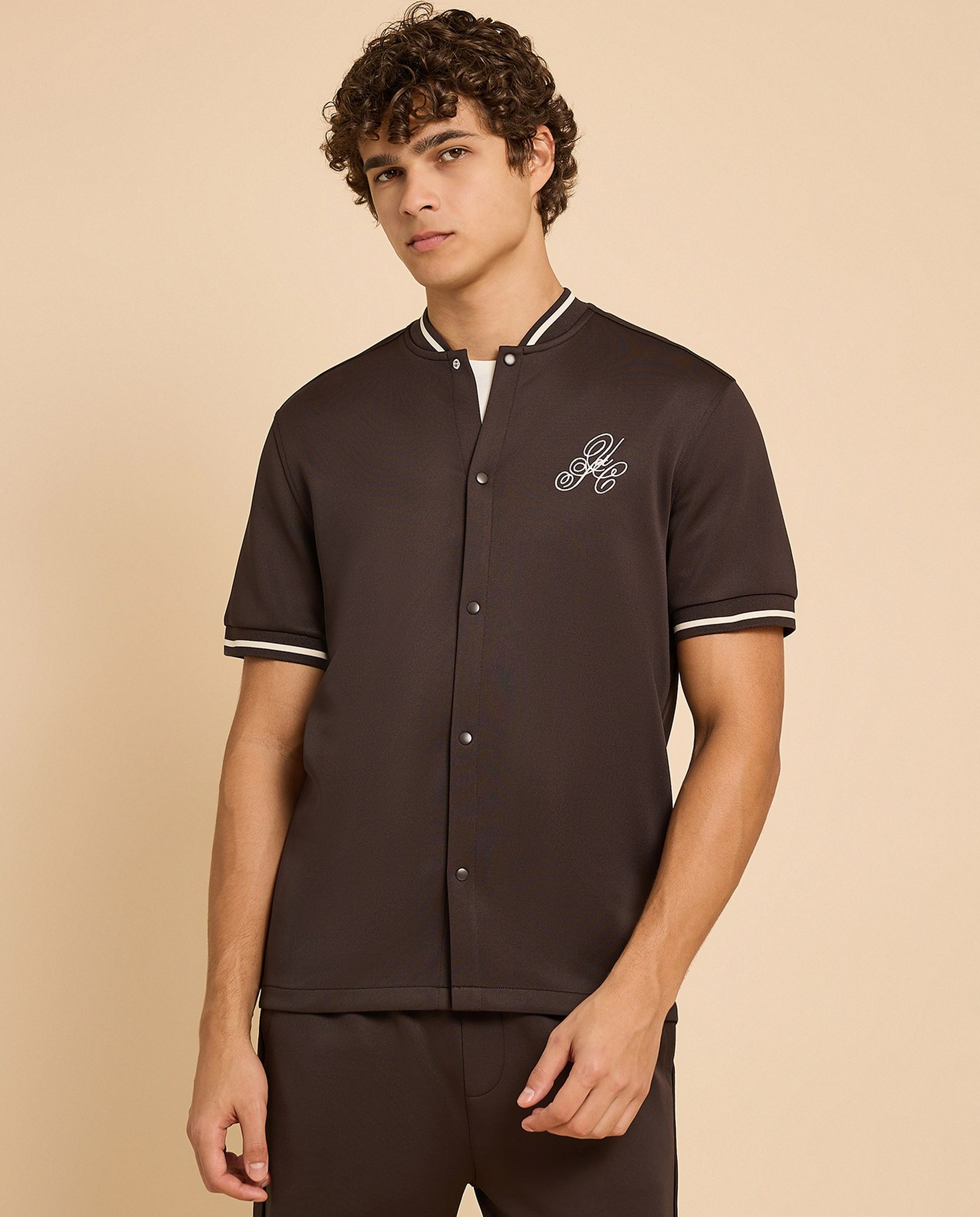 Embroidery Detail Shirt with Stand Collar and Short Sleeves