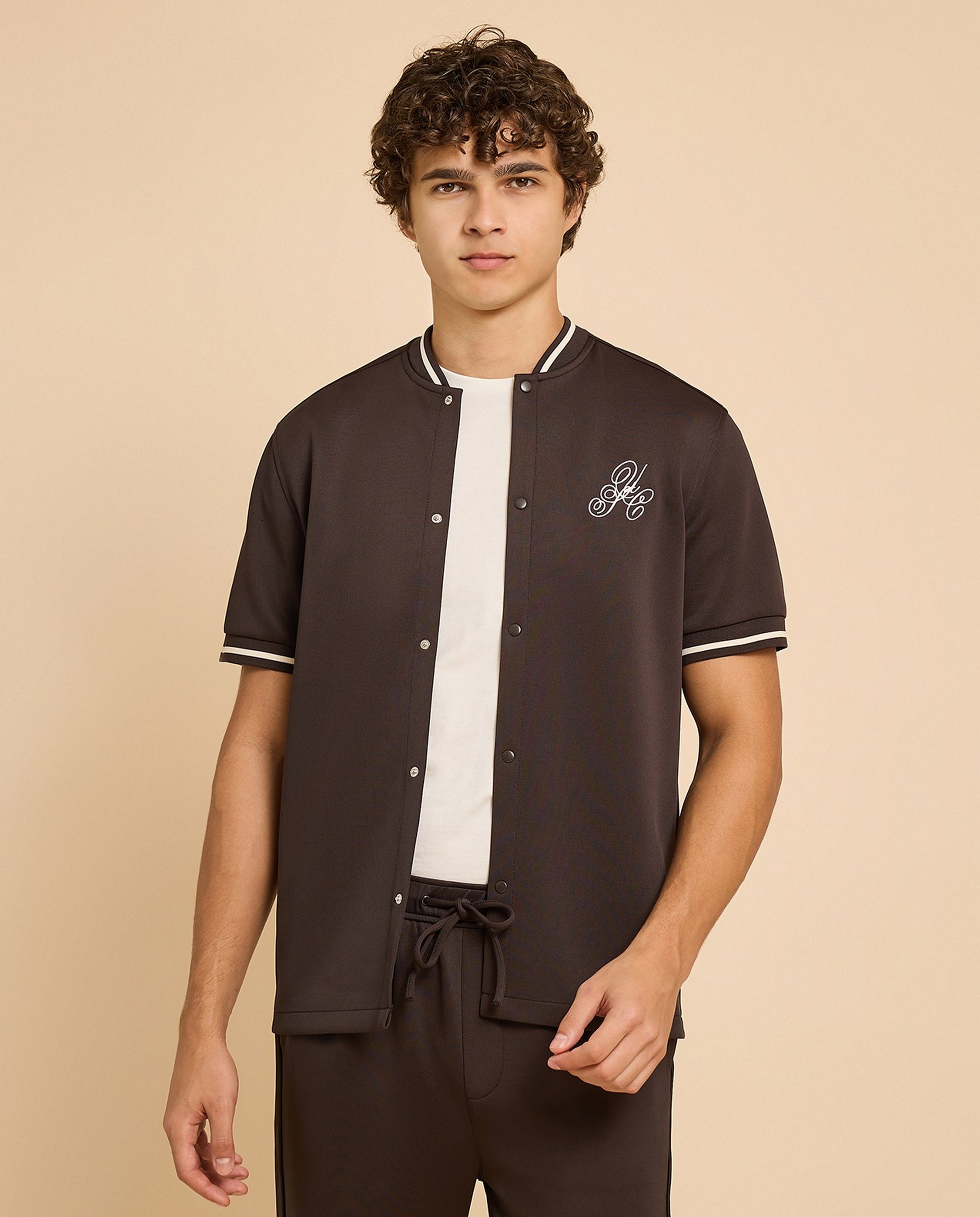 Embroidery Detail Shirt with Stand Collar and Short Sleeves