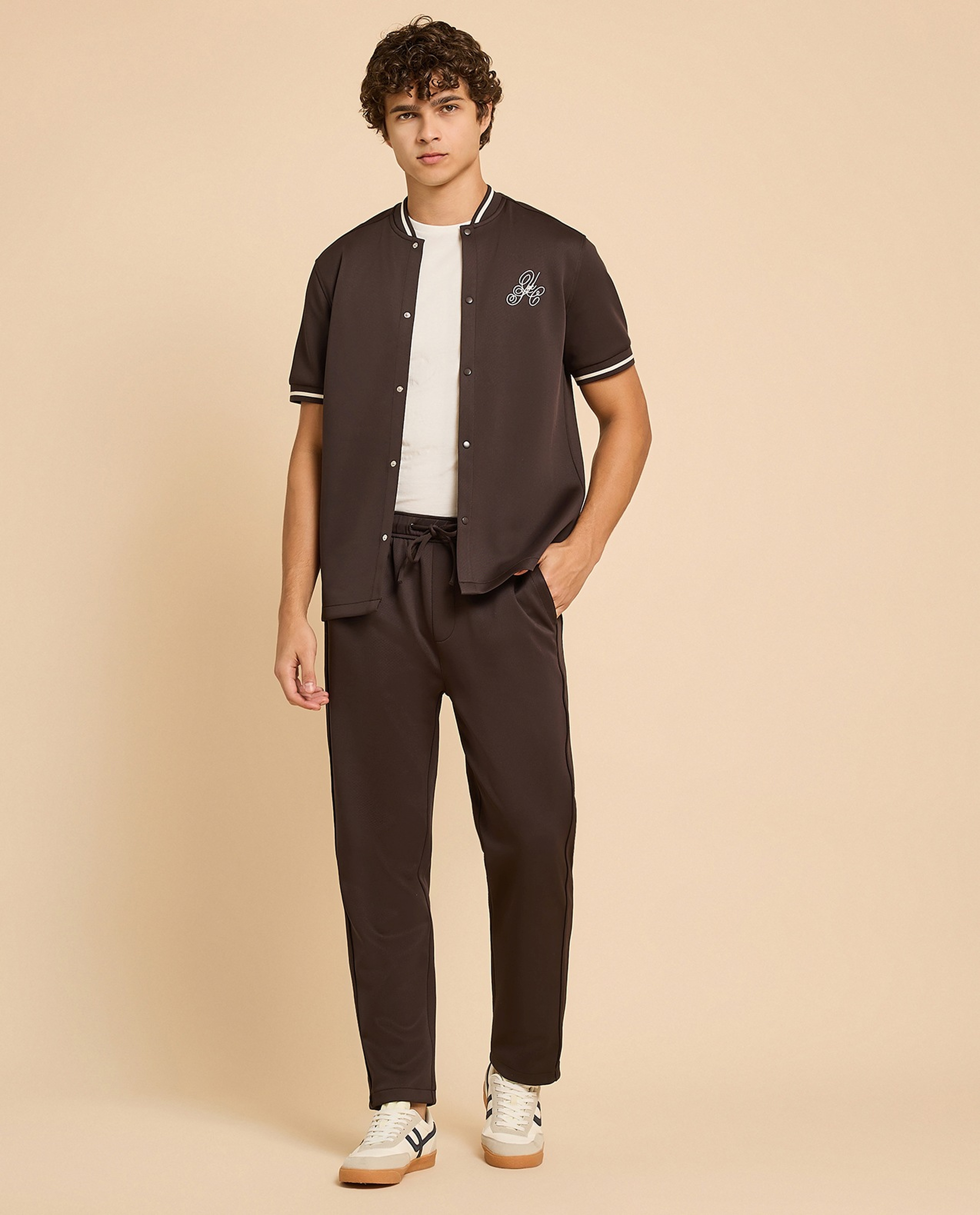 Embroidery Detail Shirt with Stand Collar and Short Sleeves