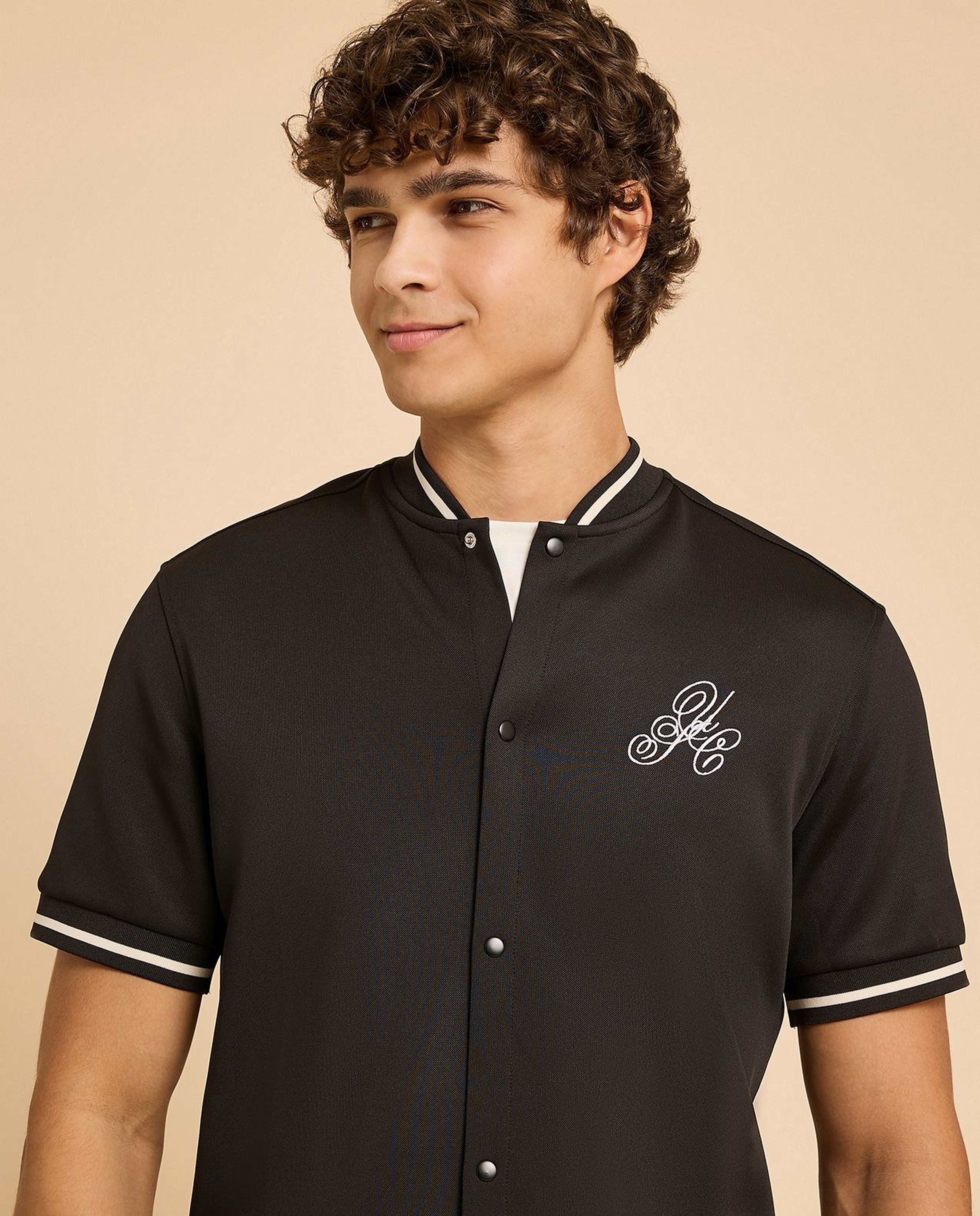 Embroidery Detail Shirt with Stand Collar and Short Sleeves