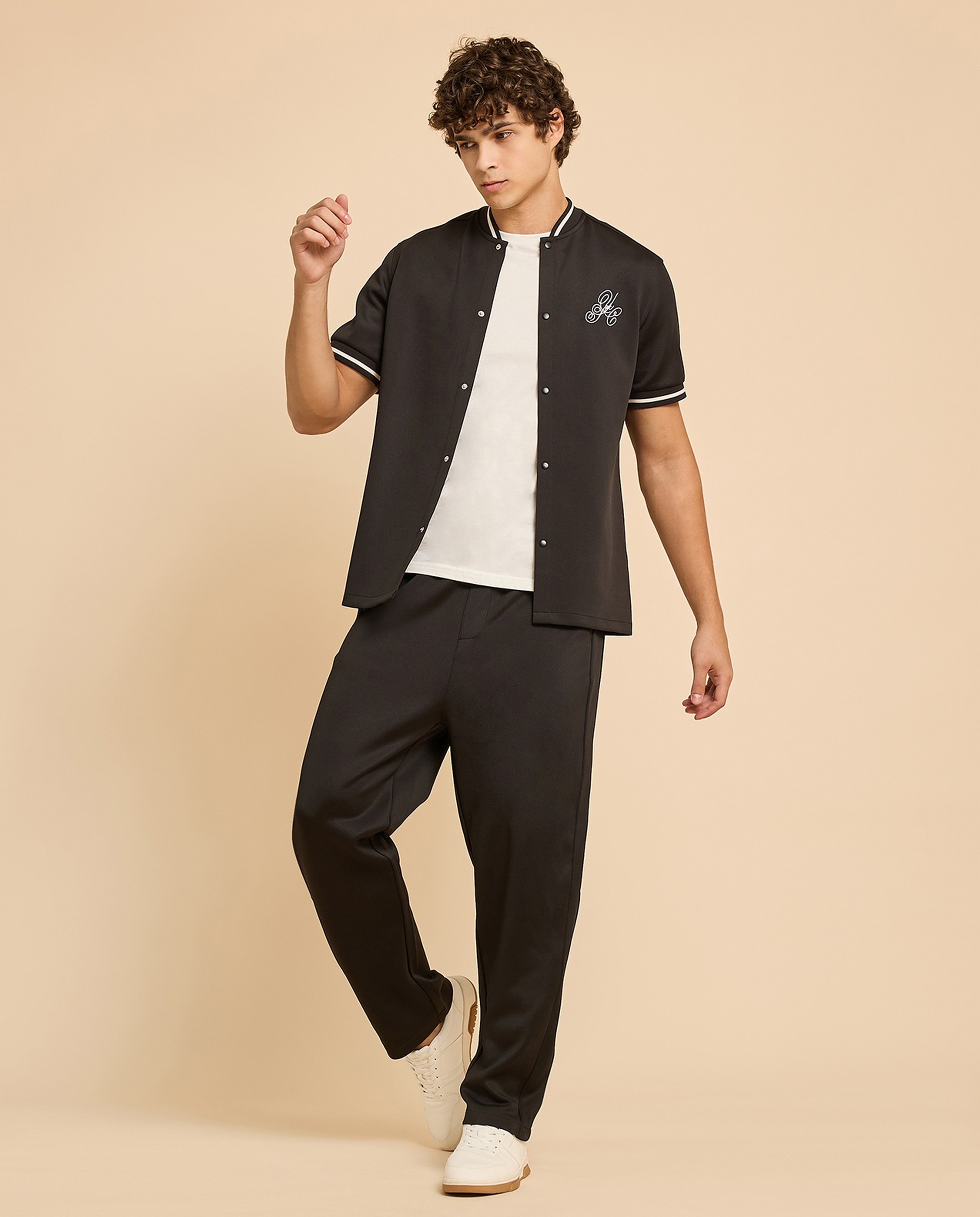 Embroidery Detail Shirt with Stand Collar and Short Sleeves