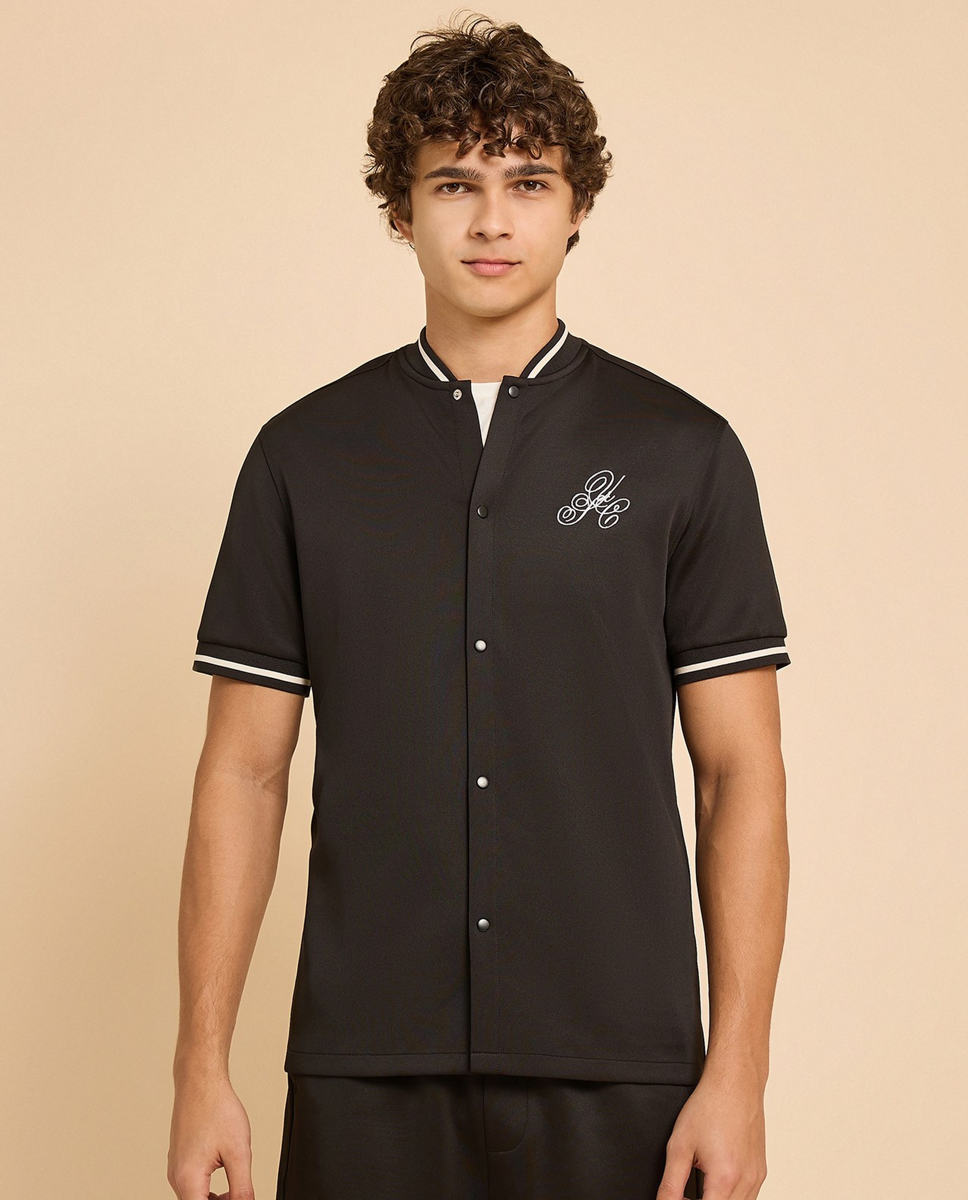 Embroidery Detail Shirt with Stand Collar and Short Sleeves
