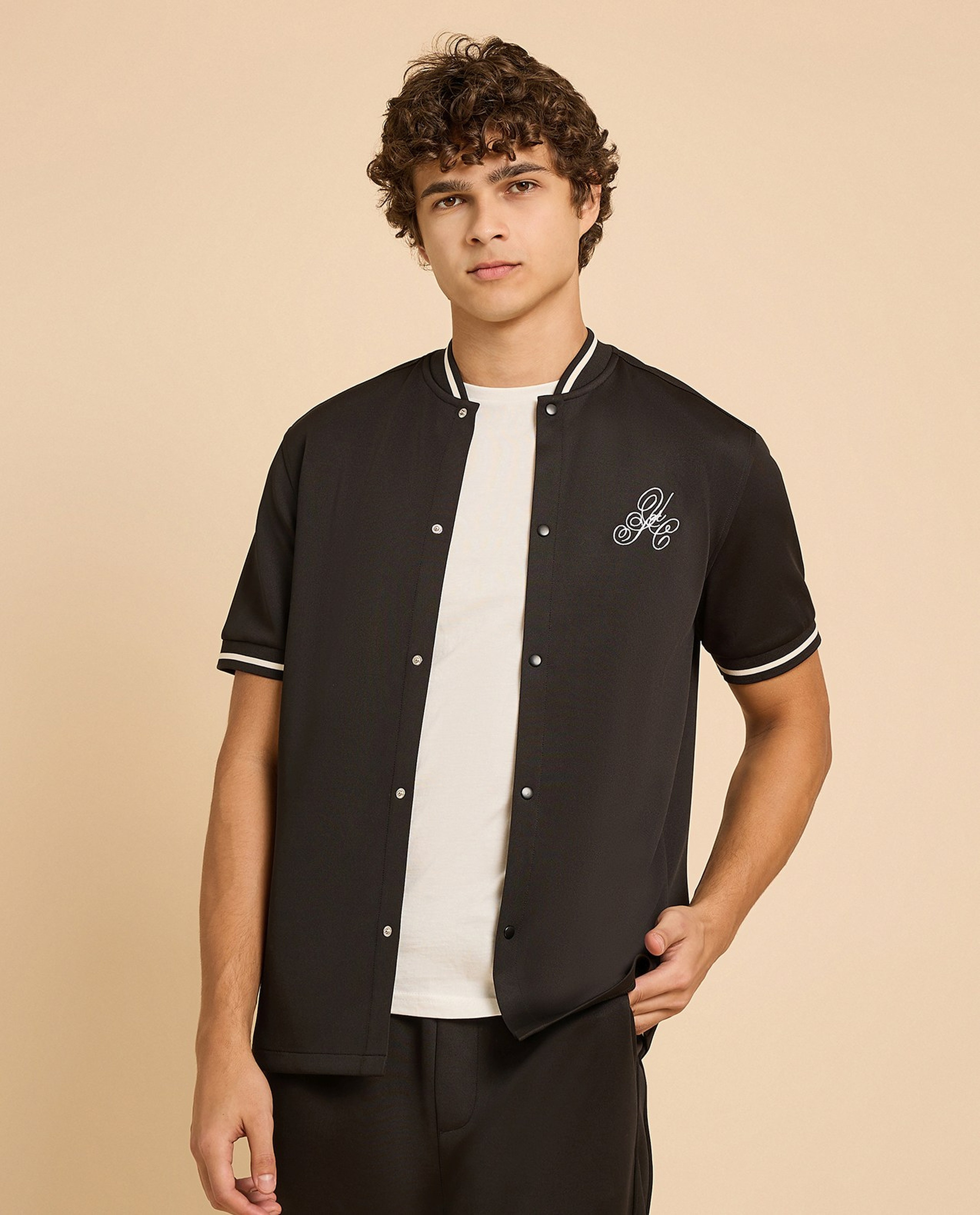 Embroidery Detail Shirt with Stand Collar and Short Sleeves