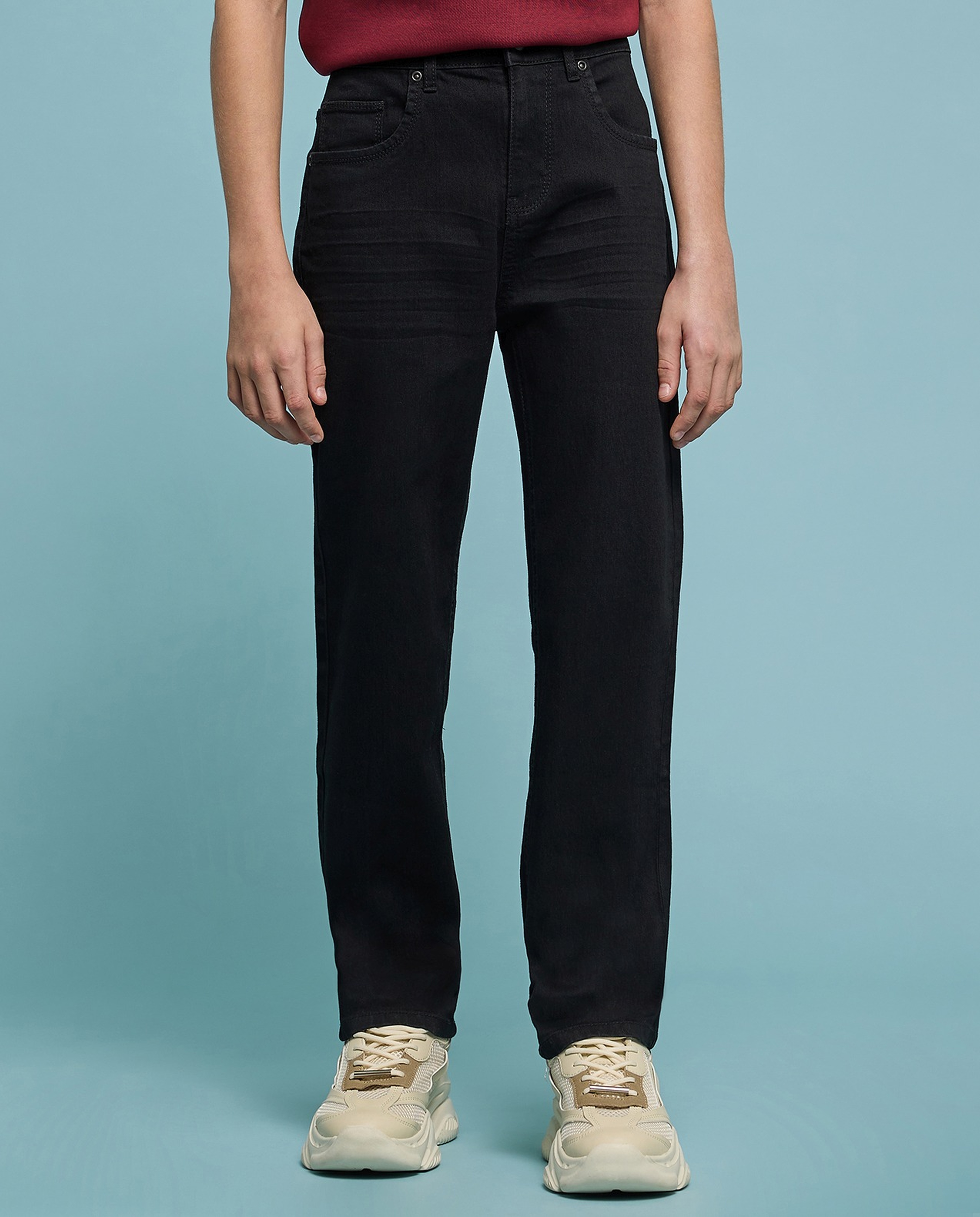 Faded Straight Fit Jeans with Button Closure