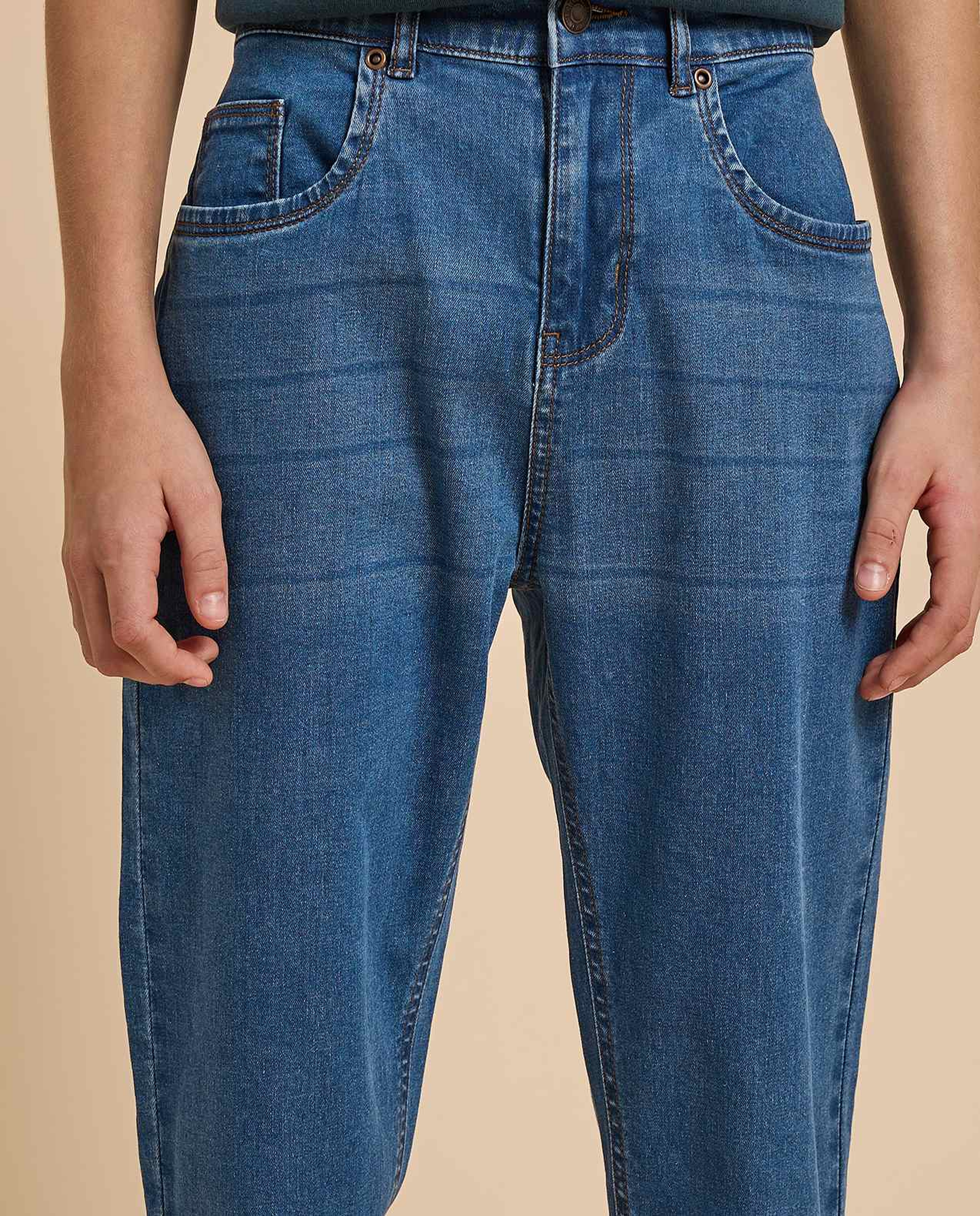 Washed Straight Fit Jeans with Button Closure