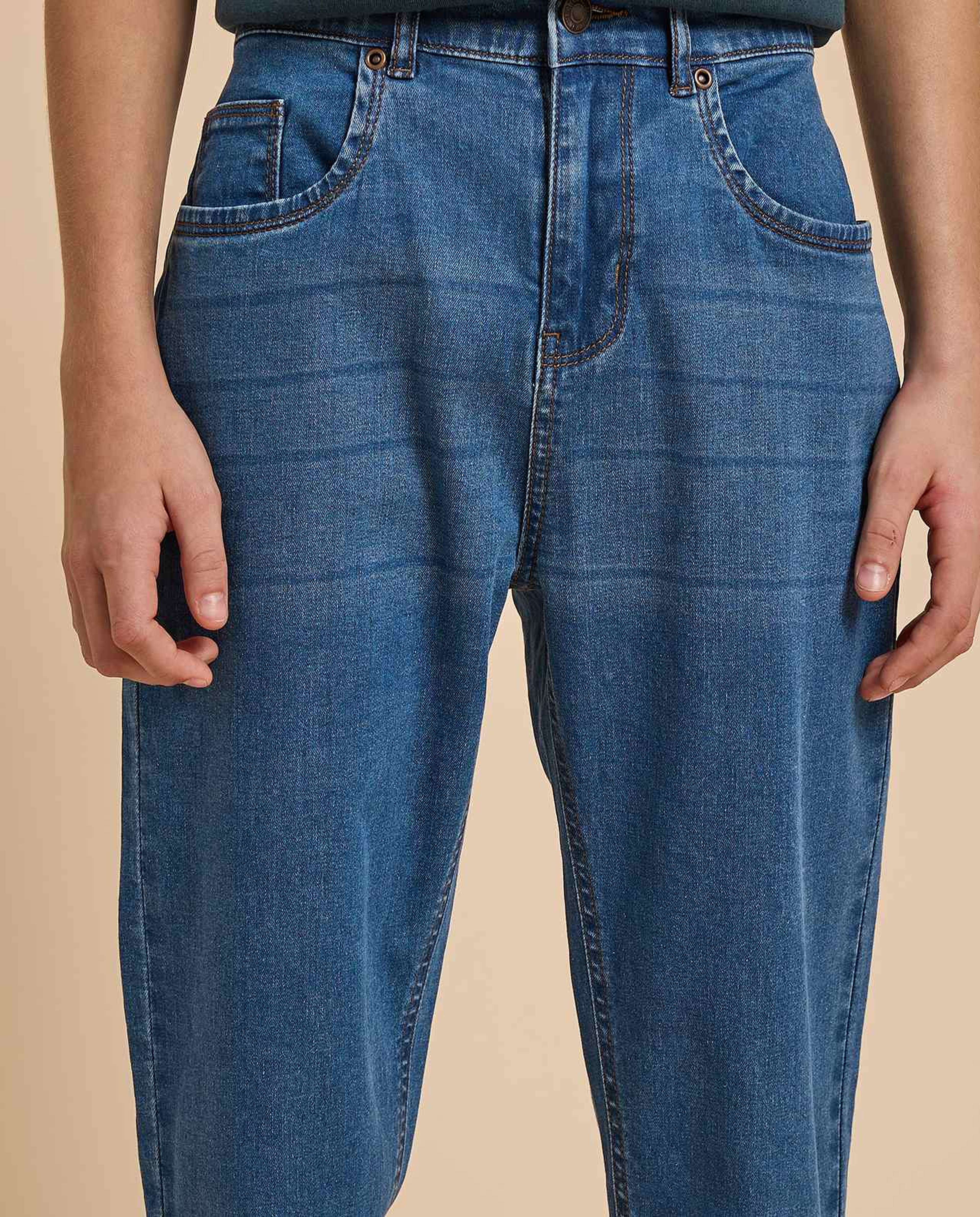 Washed Straight Fit Jeans with Button Closure