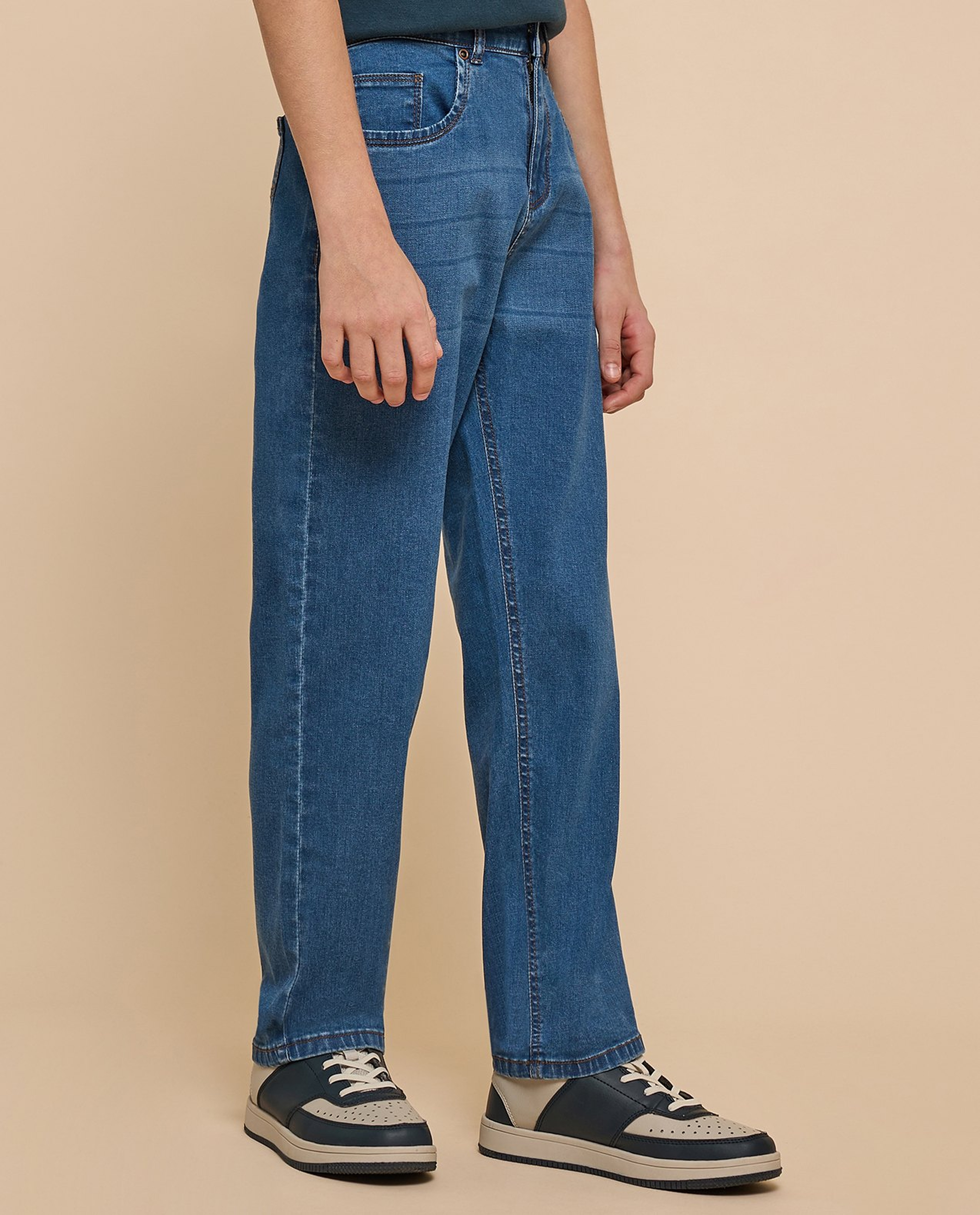 Washed Straight Fit Jeans with Button Closure
