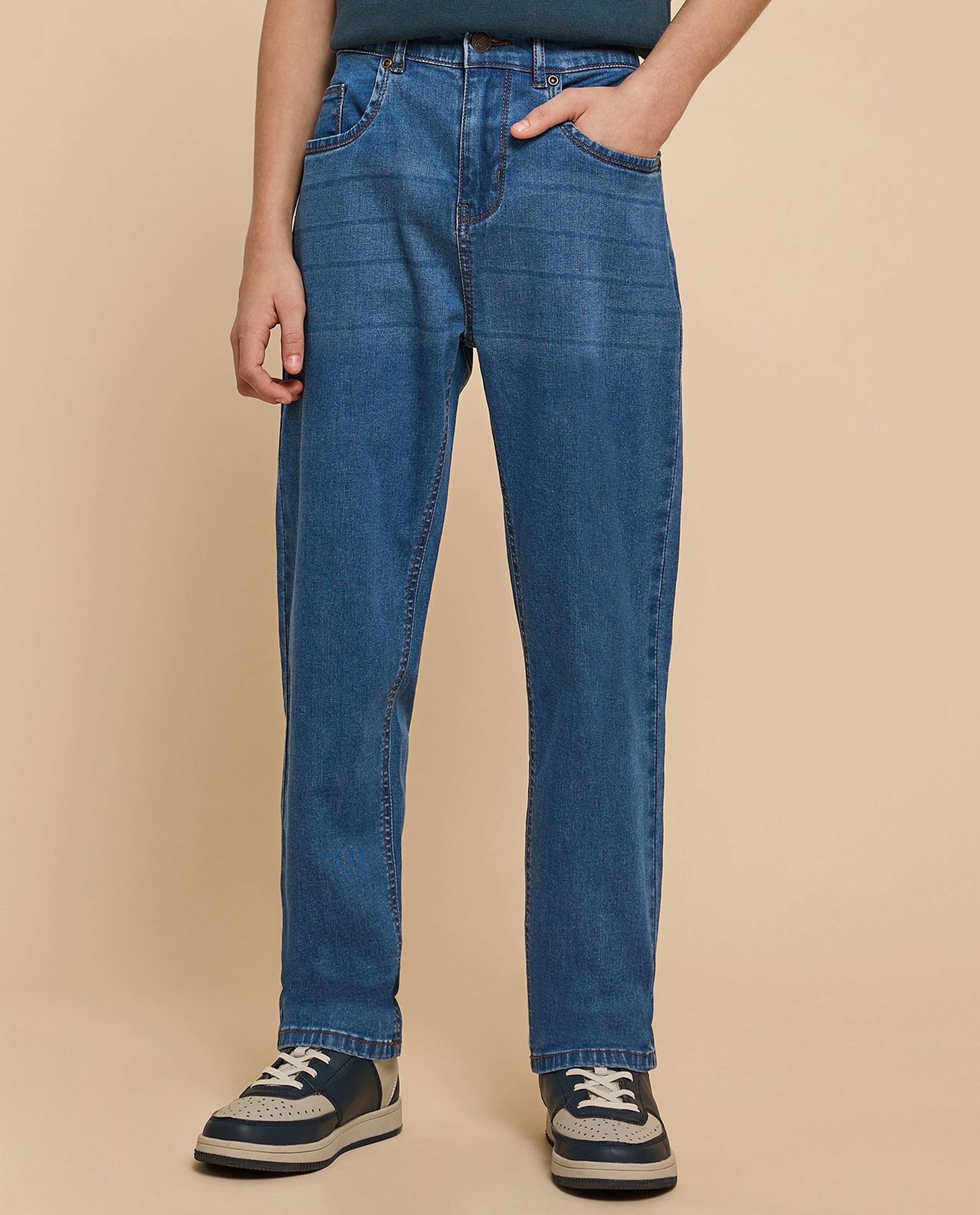 Washed Straight Fit Jeans with Button Closure