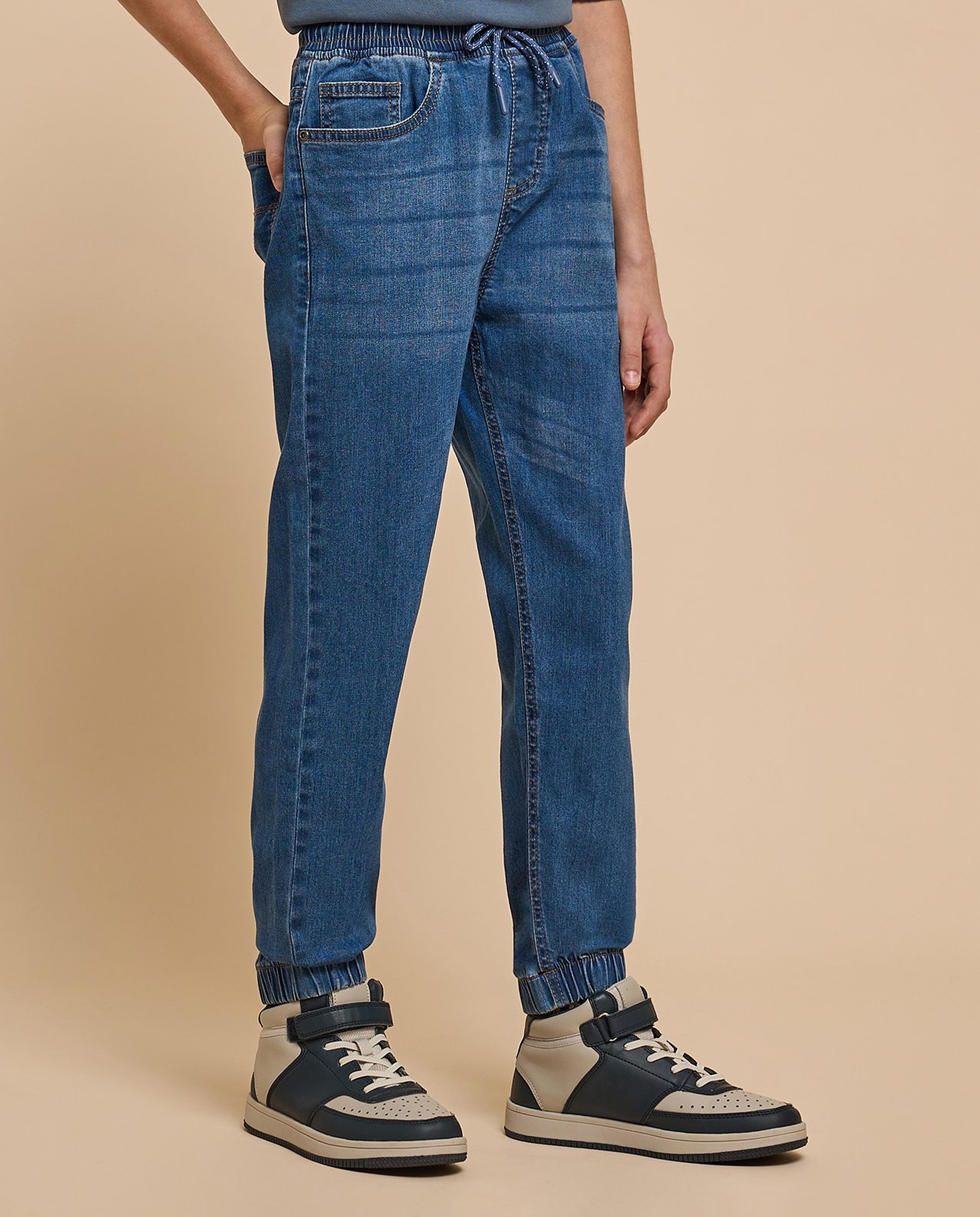 Washed Jogger Jeans with Drawstring Waist