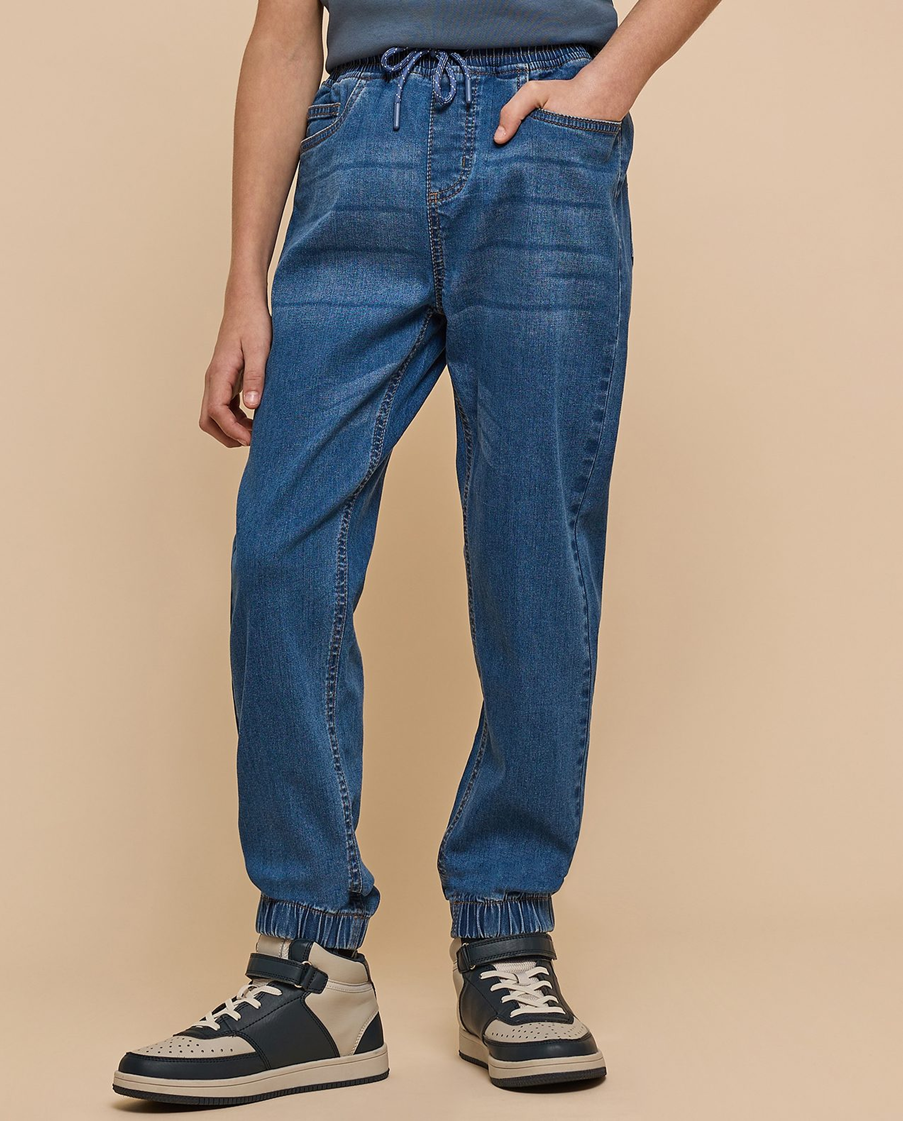 Washed Jogger Jeans with Drawstring Waist