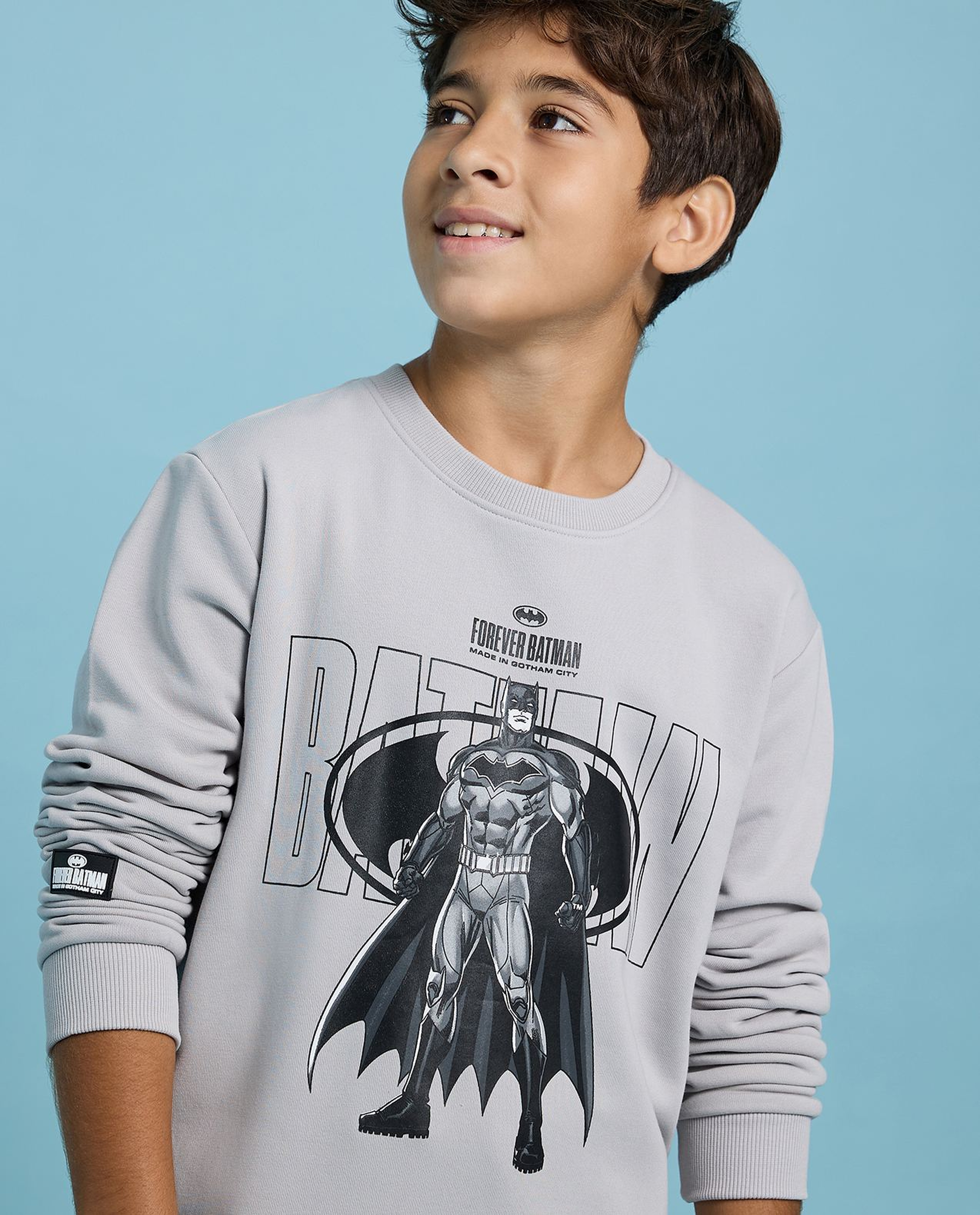 Batman Printed Sweatshirt with Crew Neck and Long Sleeves
