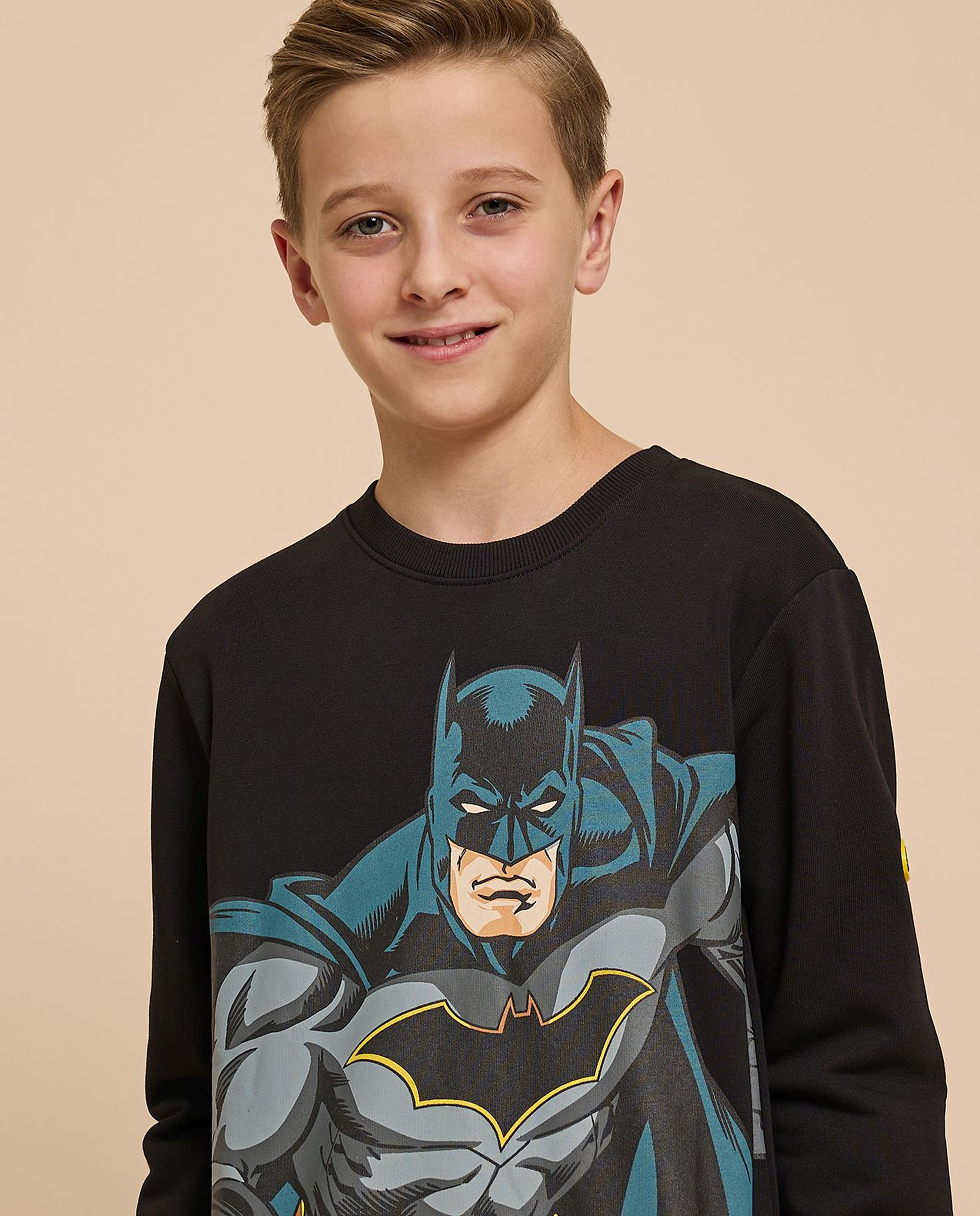 Batman Printed Sweatshirt with Crew Neck and Long Sleeves