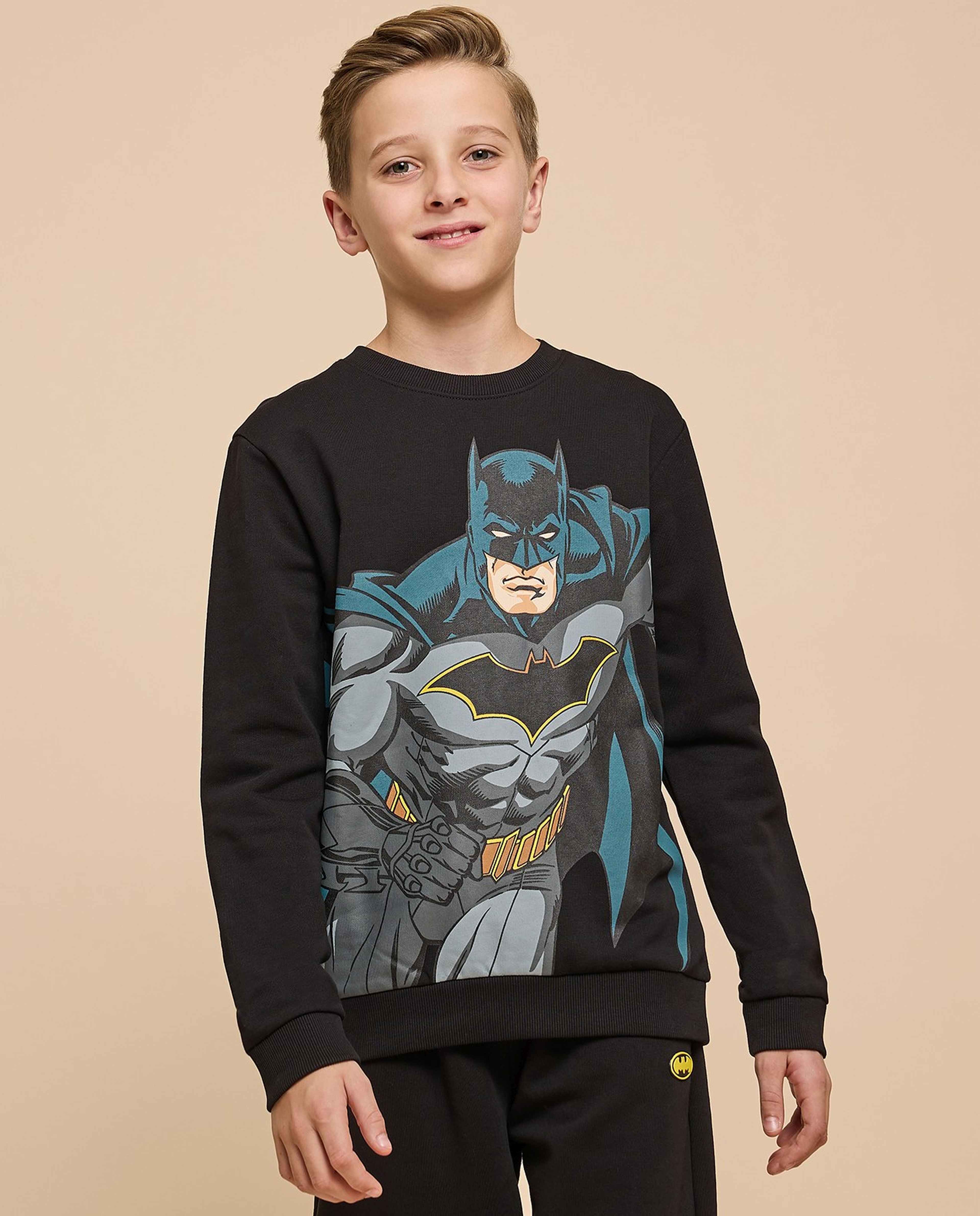 Batman Printed Sweatshirt with Crew Neck and Long Sleeves