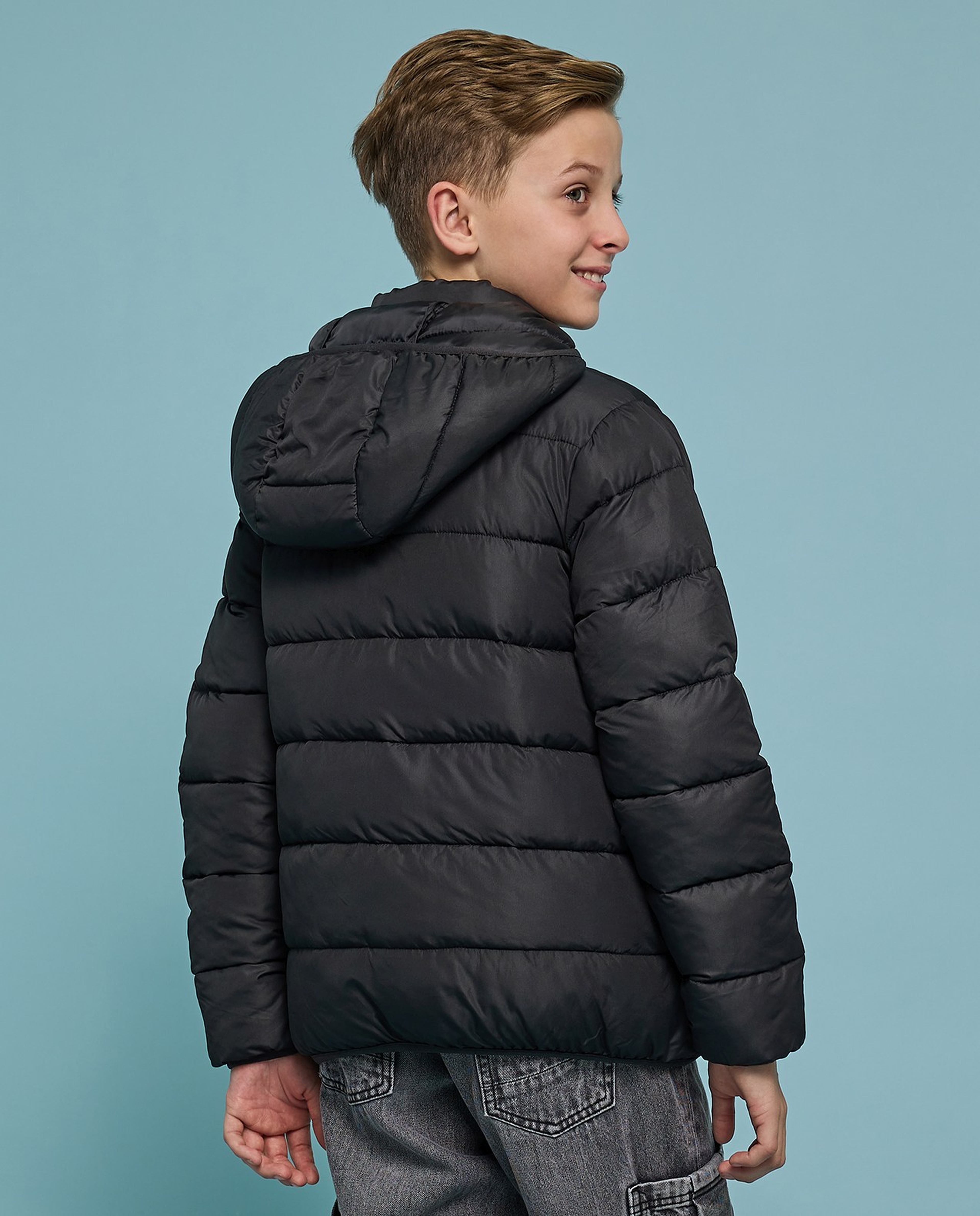Solid Hooded Jacket with Zipper Closure