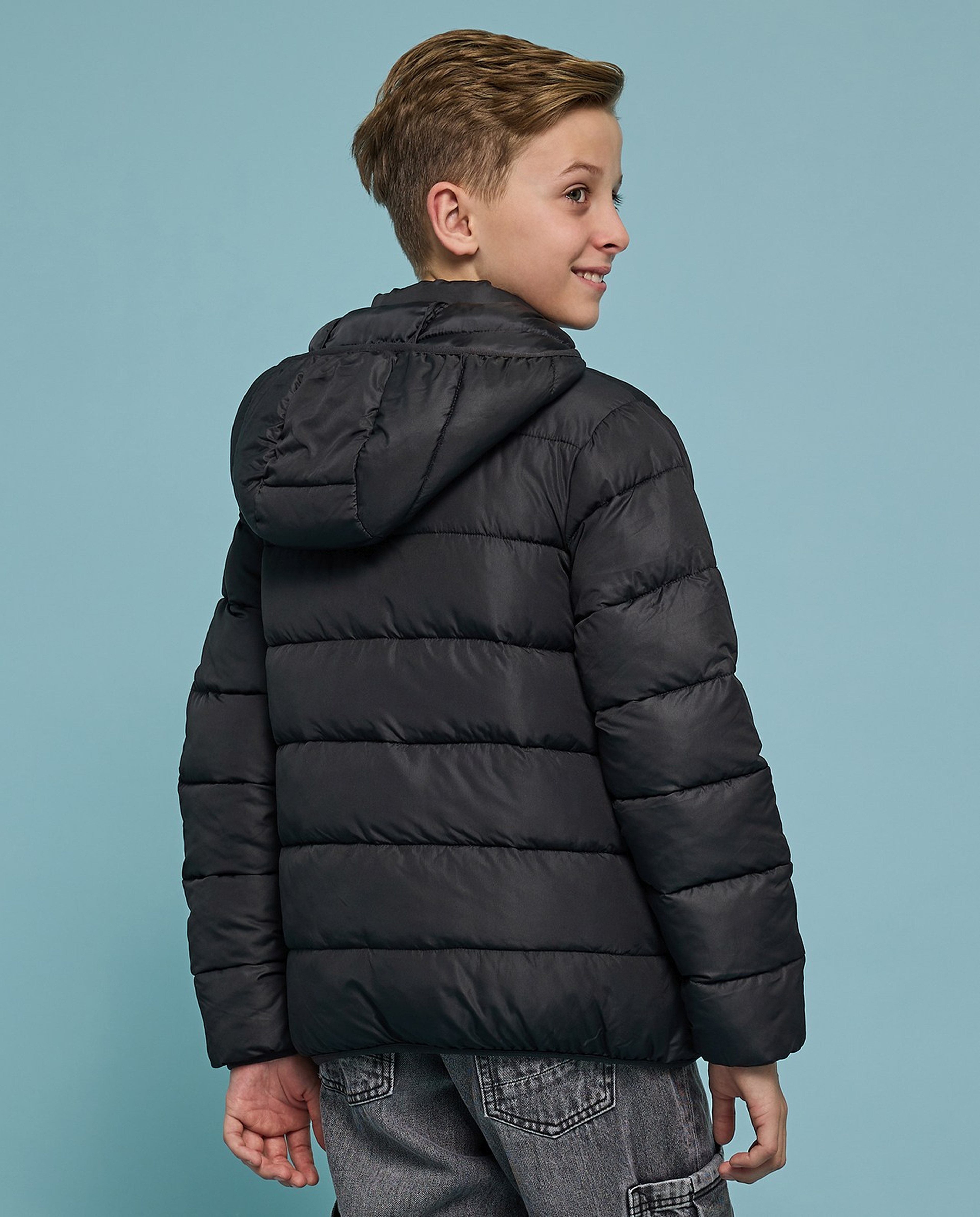 Solid Hooded Jacket with Zipper Closure