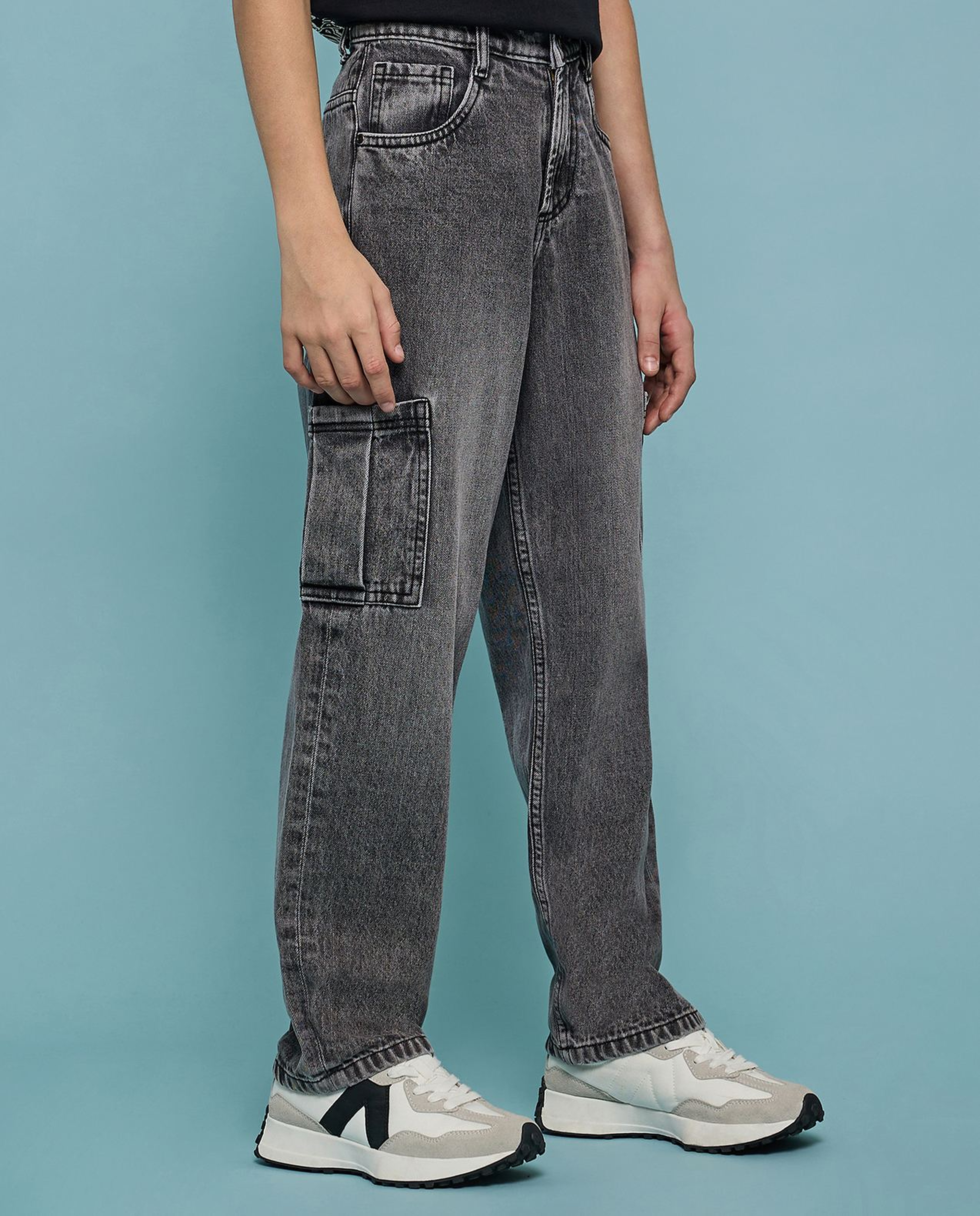 Washed Cargo Jeans with Button Closure