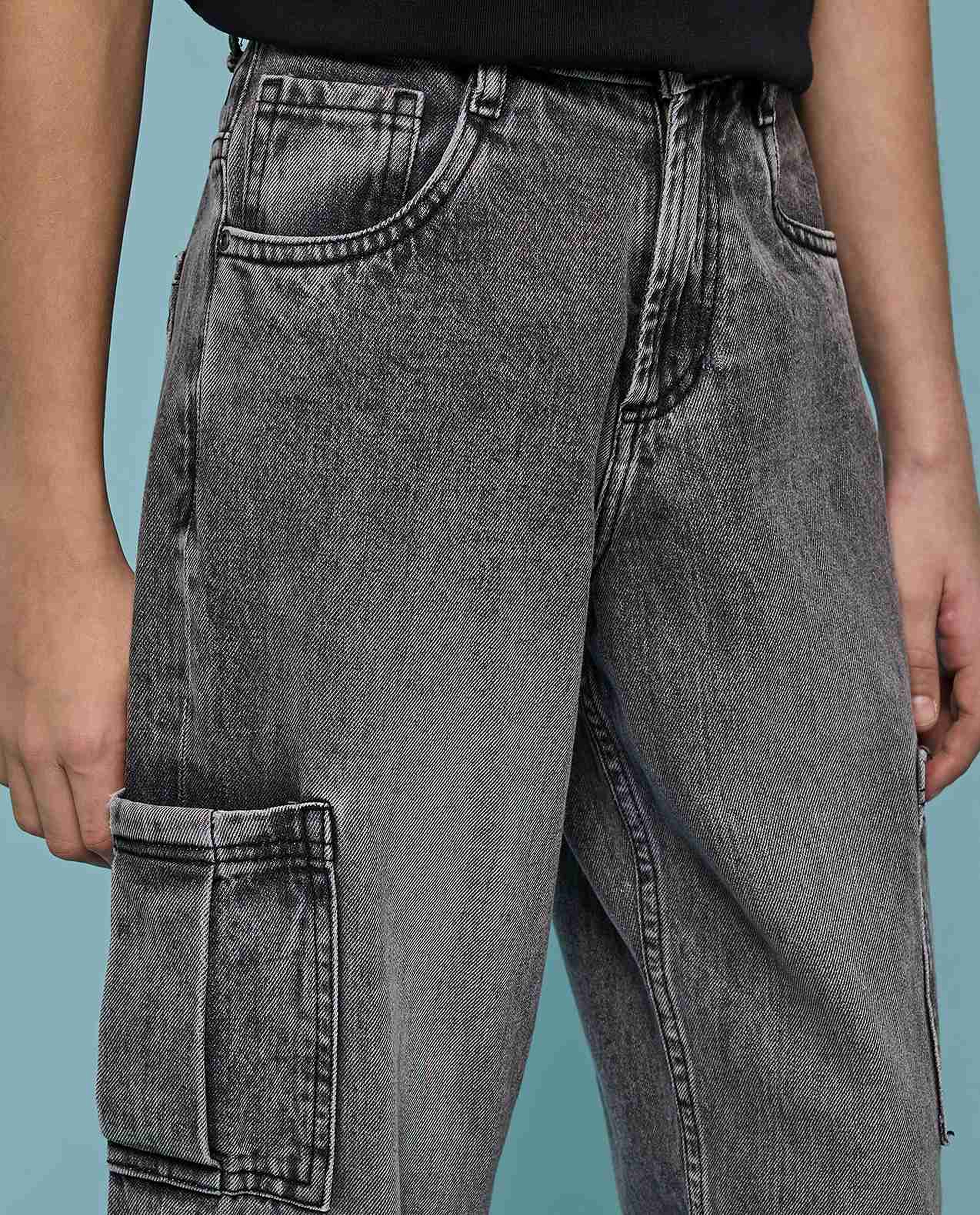 Washed Cargo Jeans with Button Closure