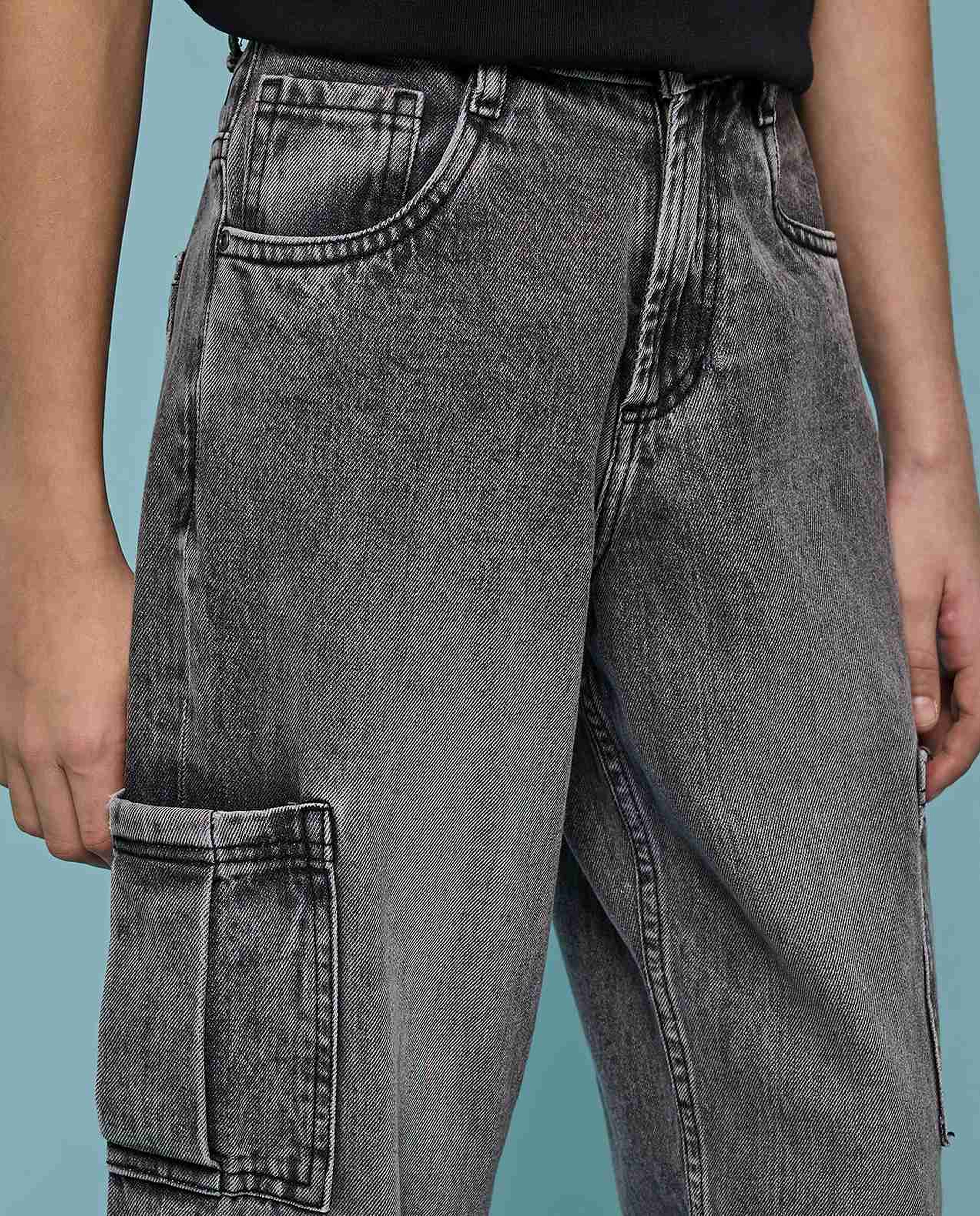 Washed Cargo Jeans with Button Closure