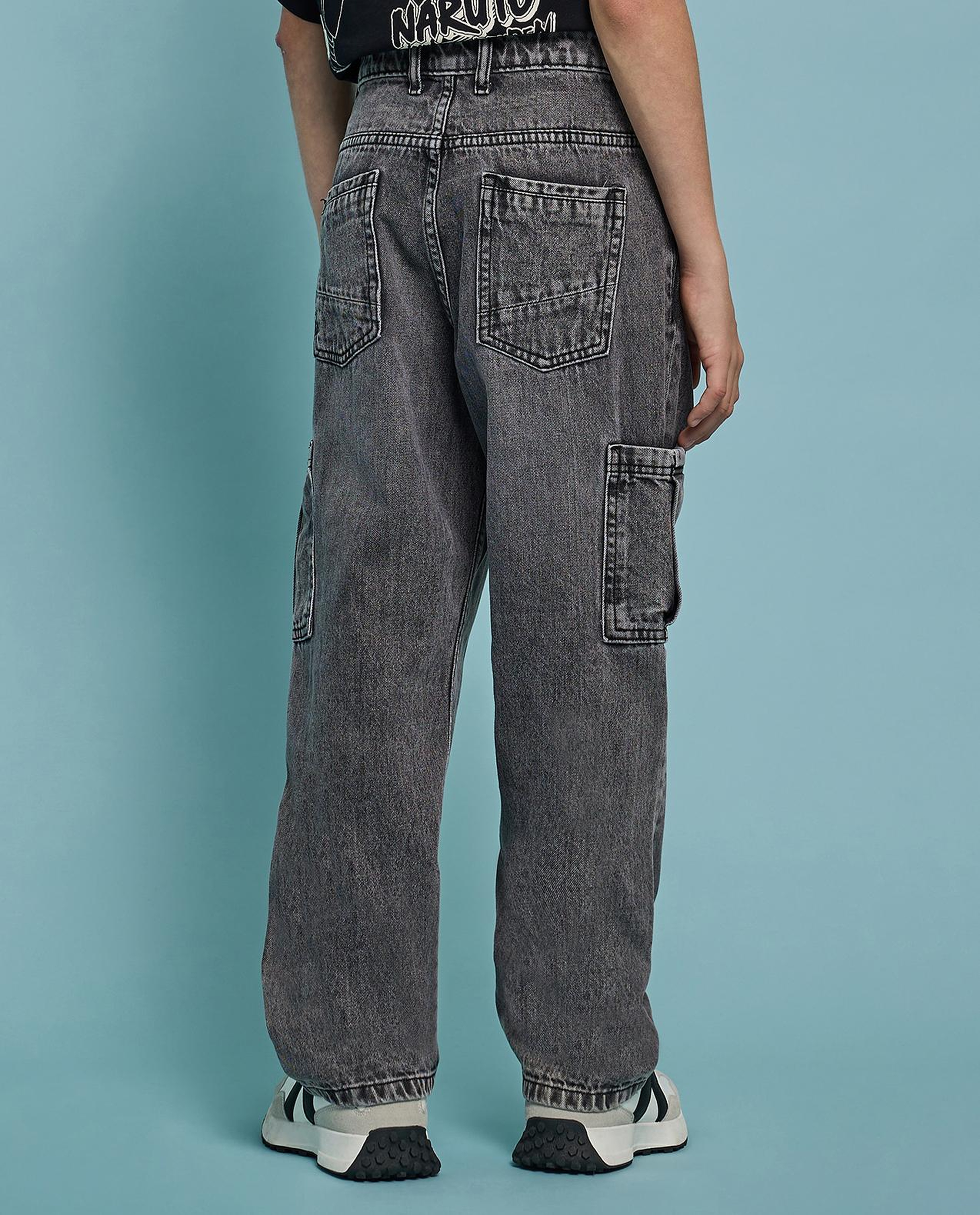 Washed Cargo Jeans with Button Closure