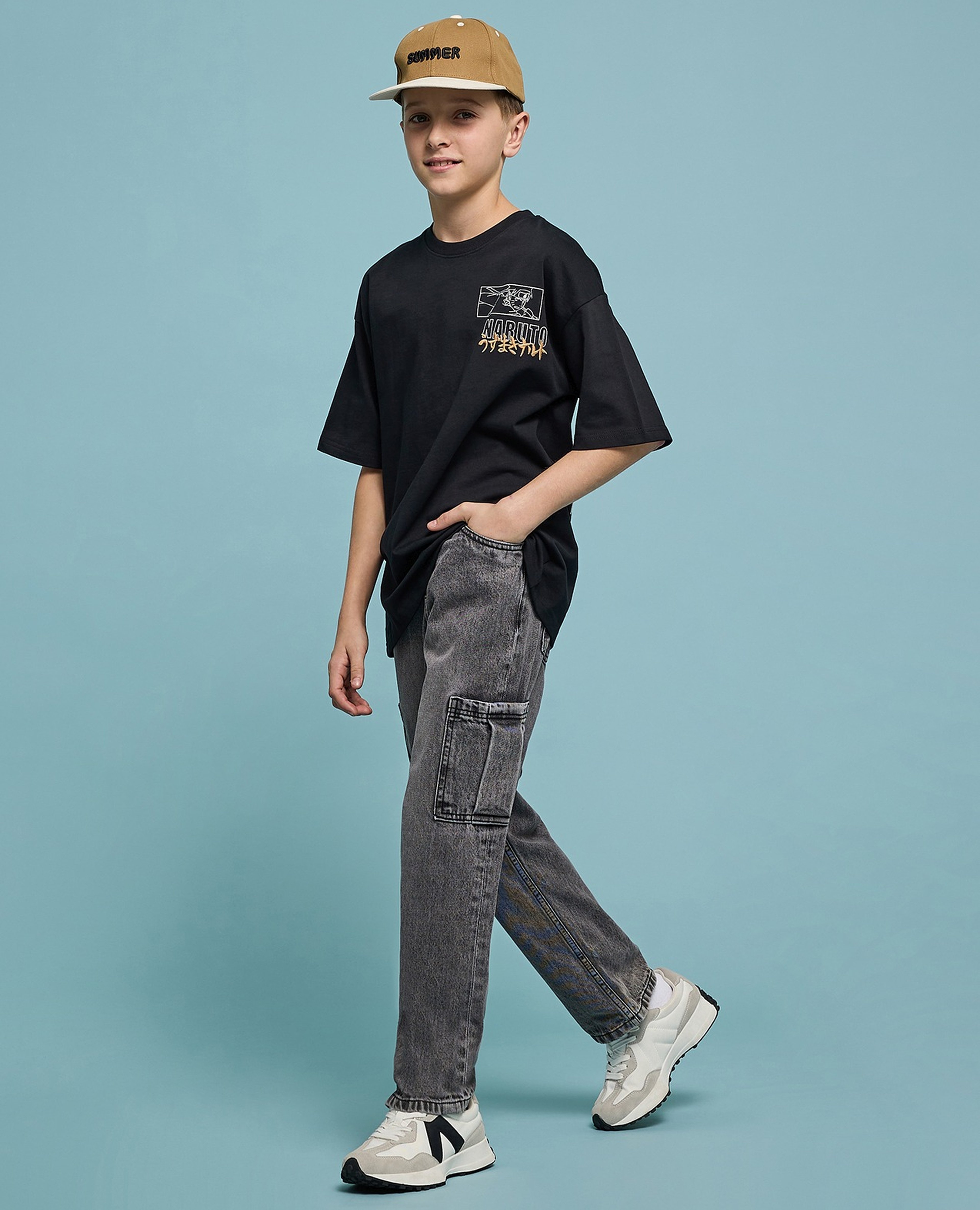 Washed Cargo Jeans with Button Closure