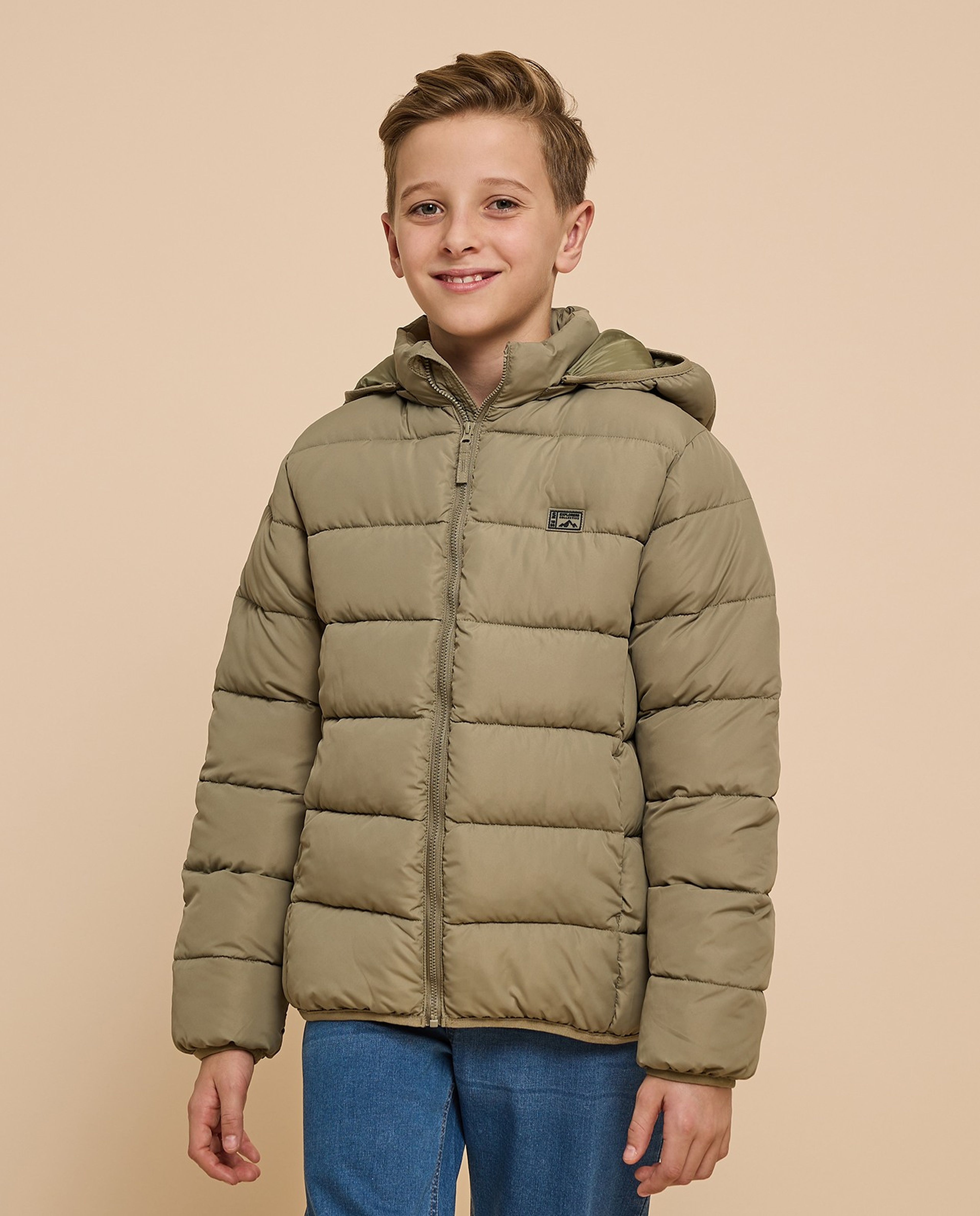 Solid Hooded Jacket with Zipper Closure