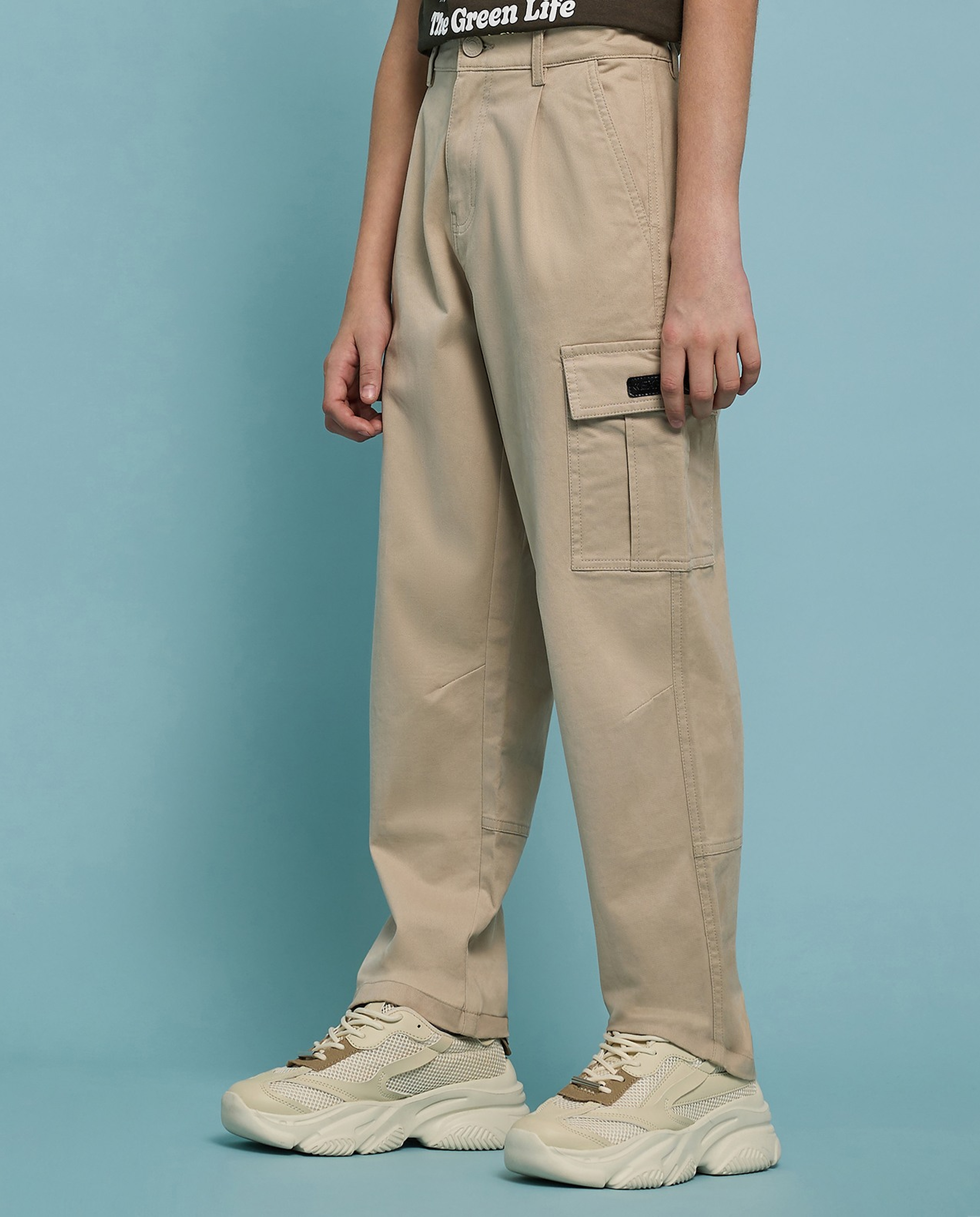 Solid Cargo Pants with Button Closure