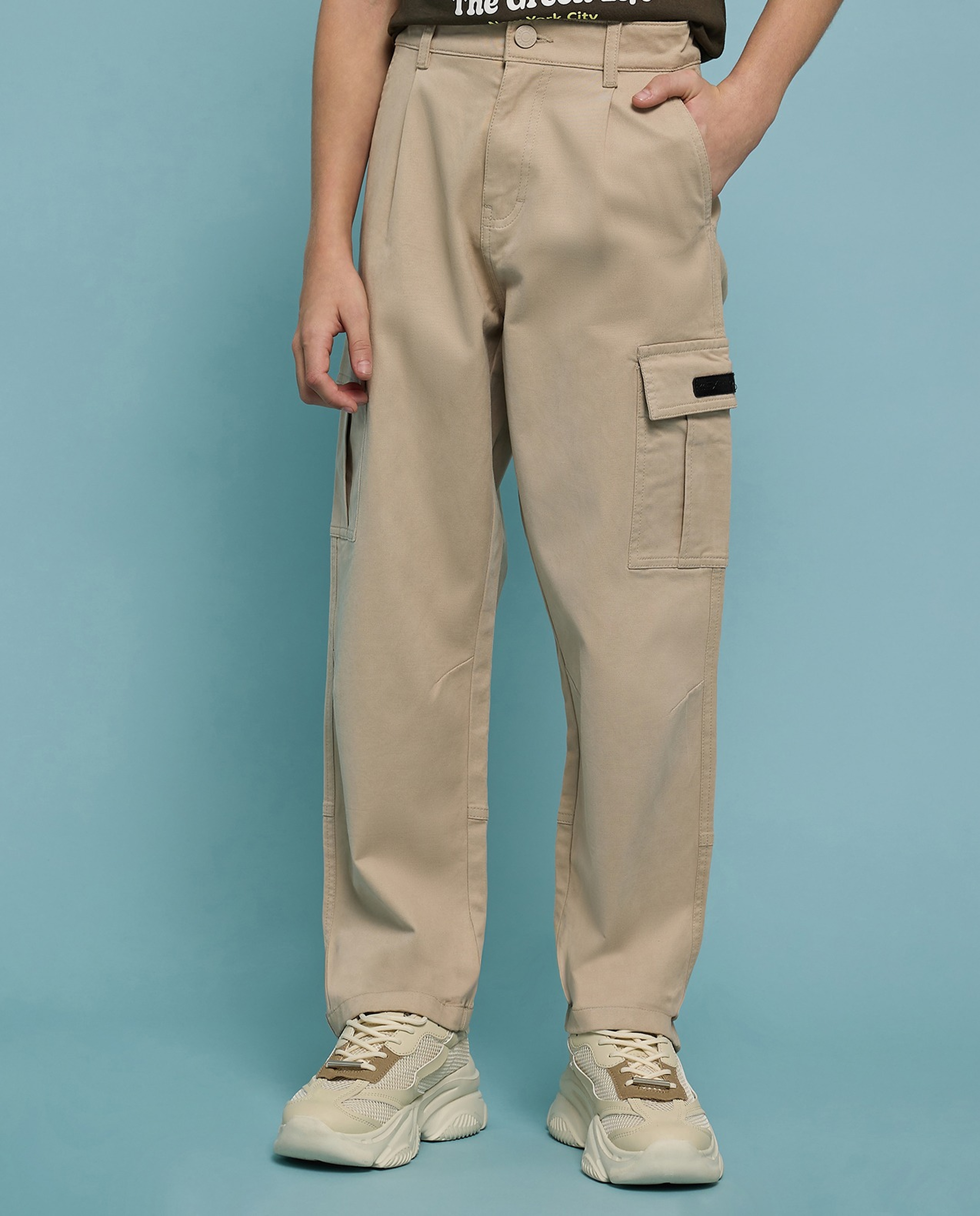 Solid Cargo Pants with Button Closure