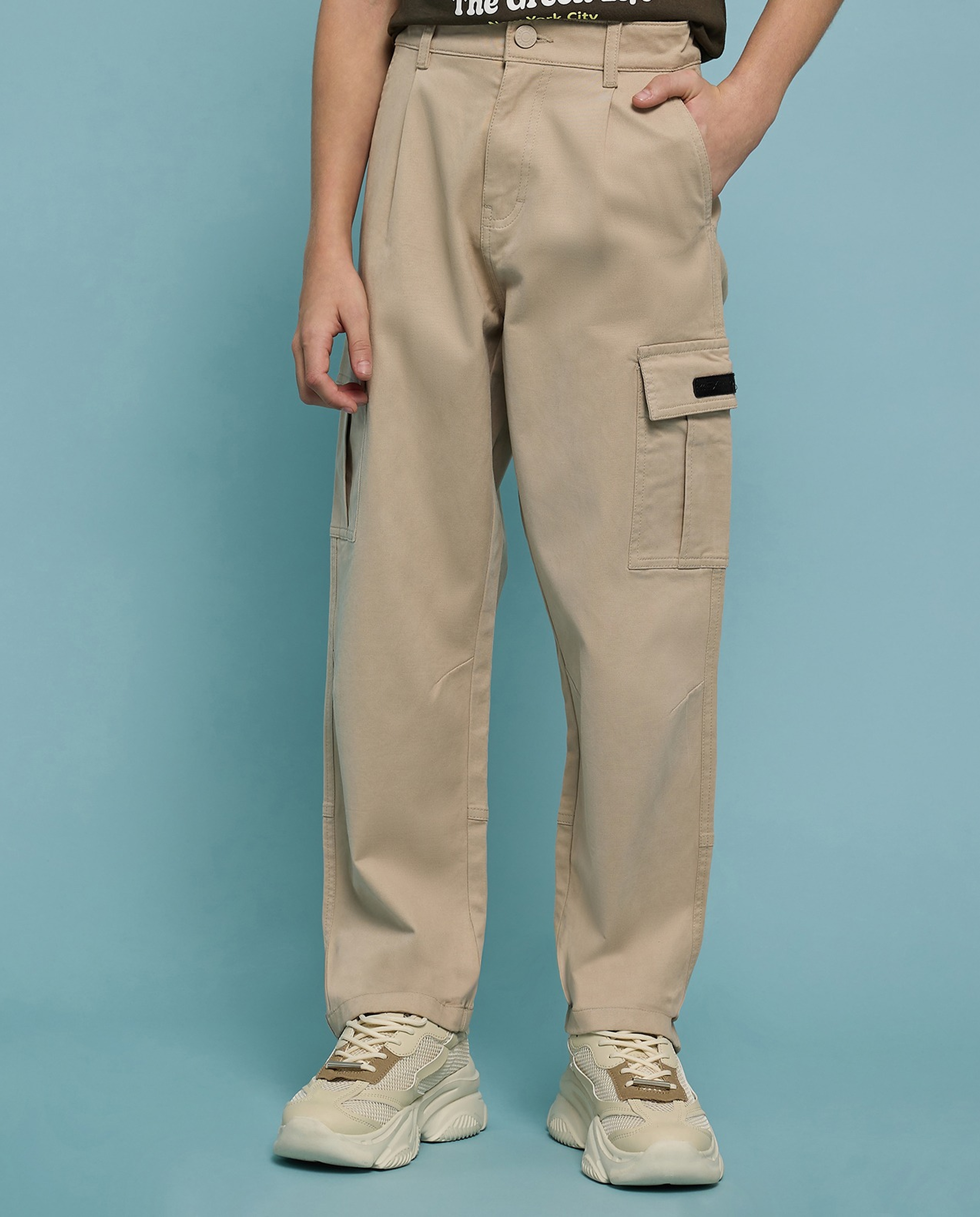 Solid Cargo Pants with Button Closure