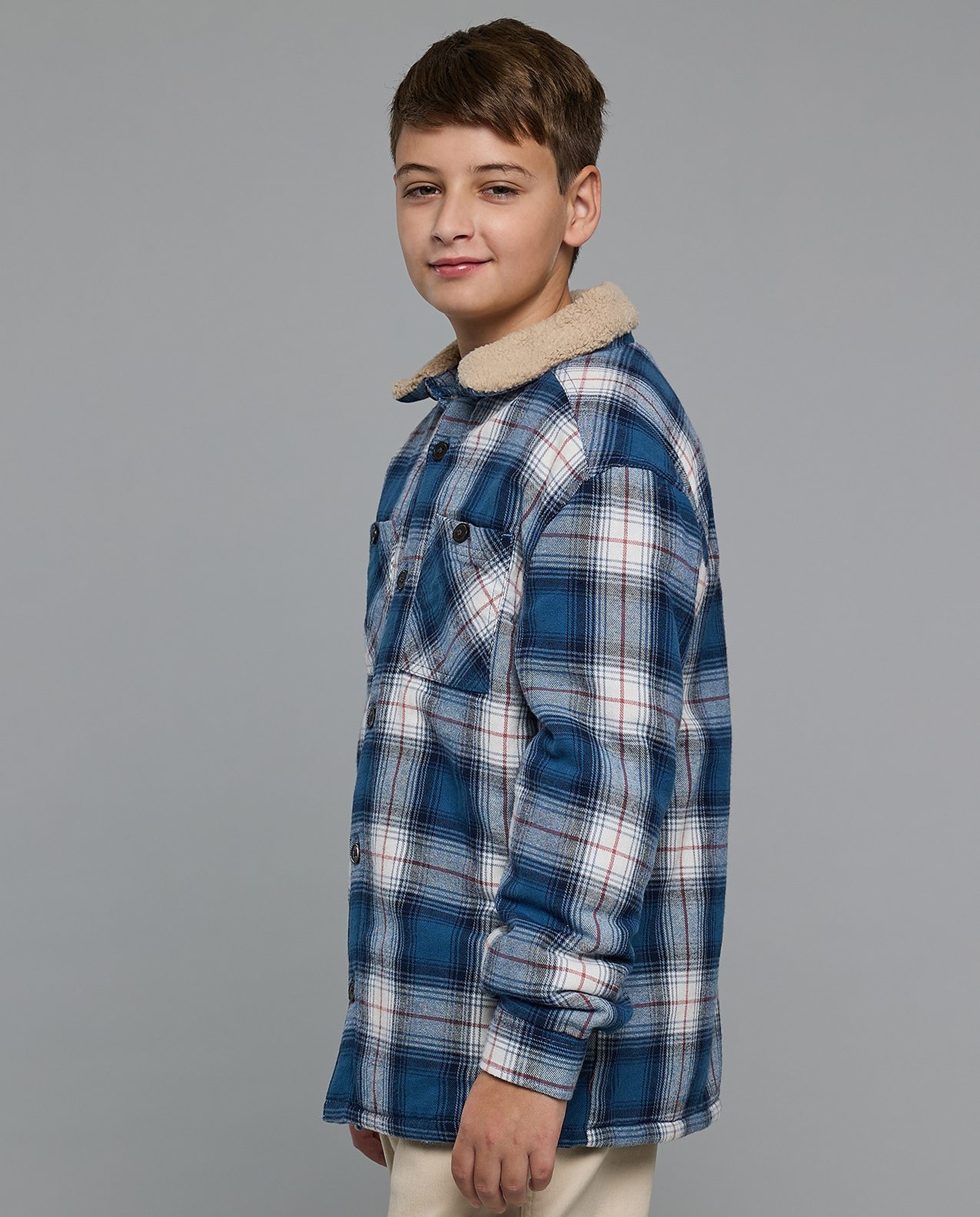 Plaid Jacket with Shirt Collar and Long Sleeves