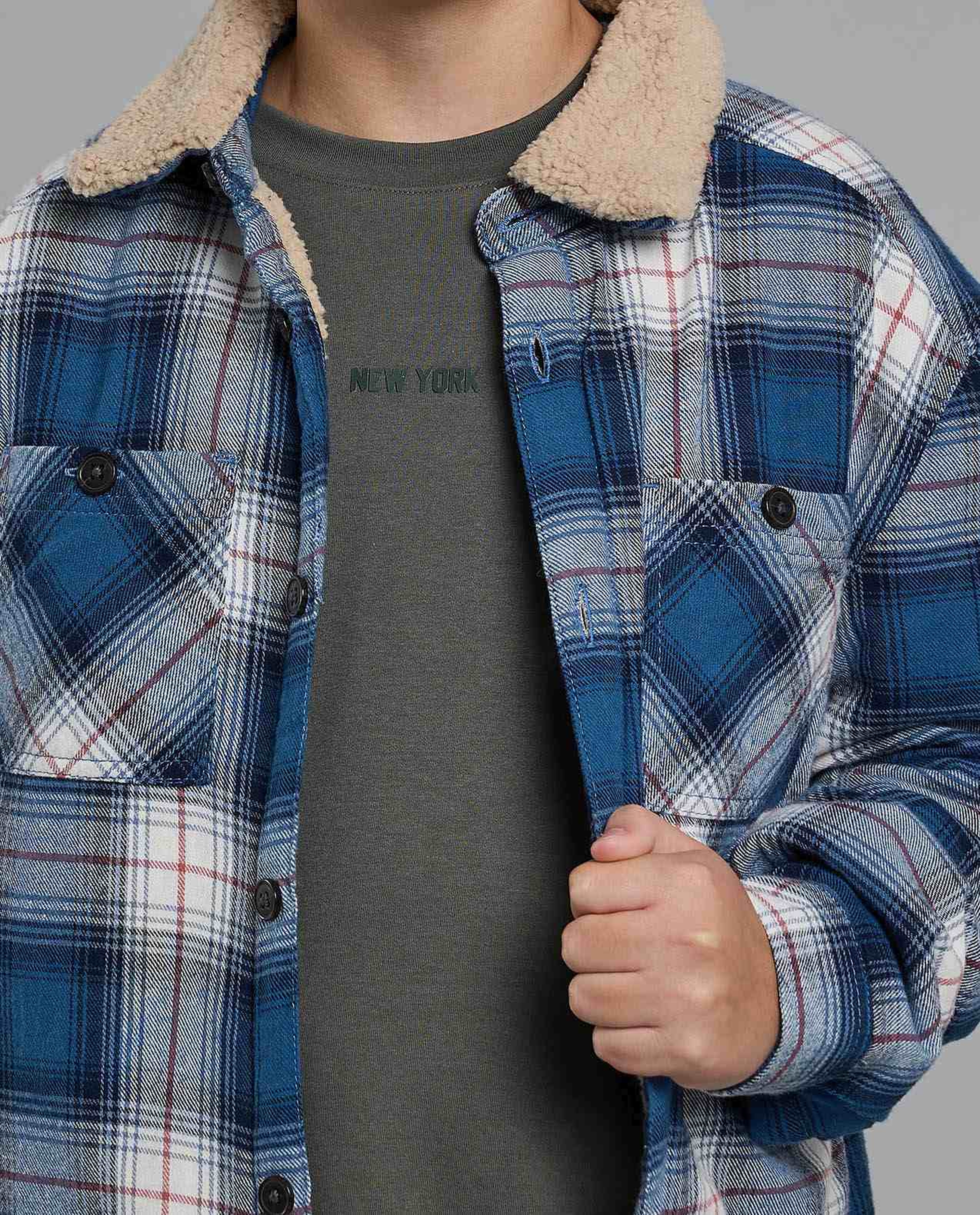 Plaid Jacket with Shirt Collar and Long Sleeves