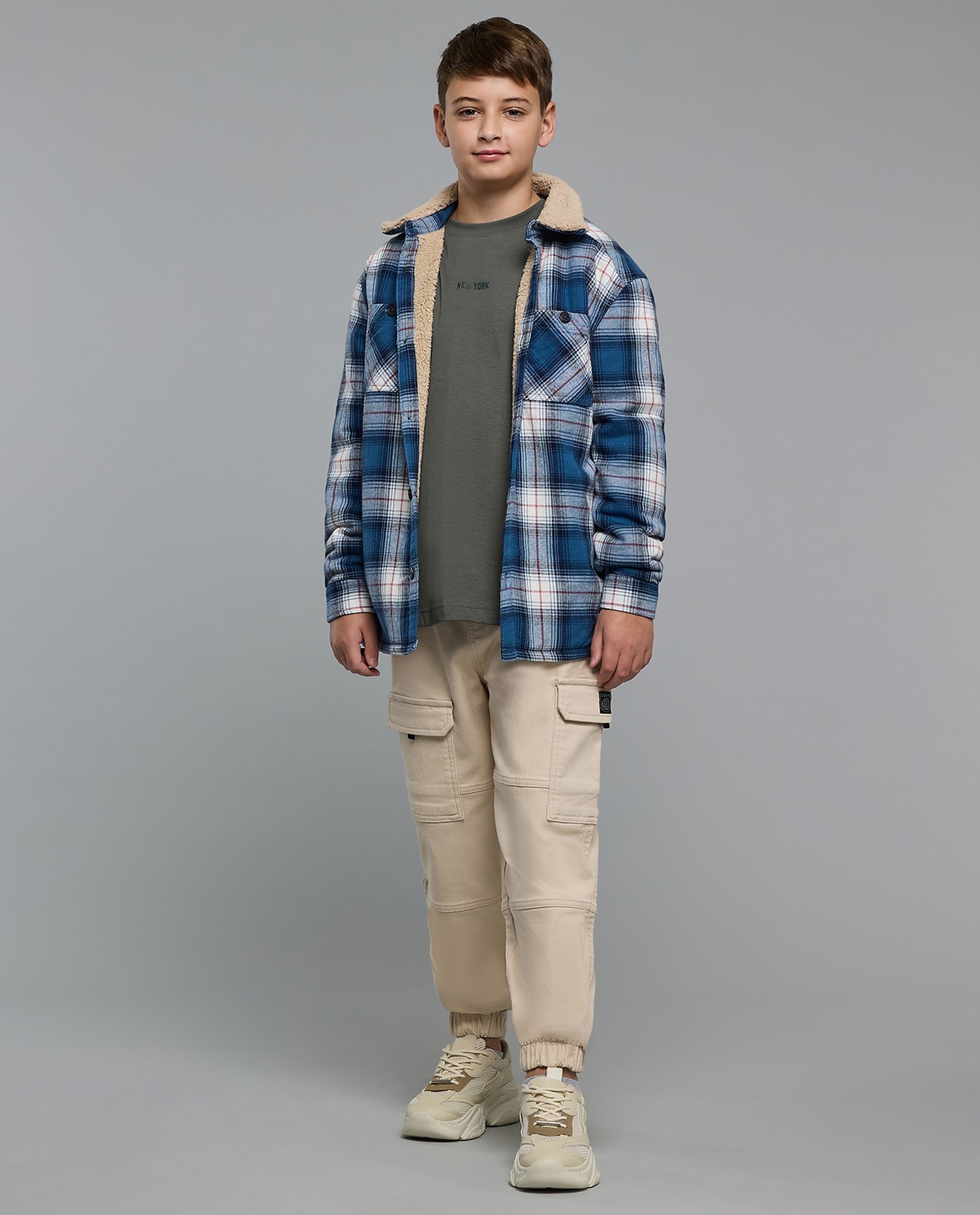 Plaid Jacket with Shirt Collar and Long Sleeves