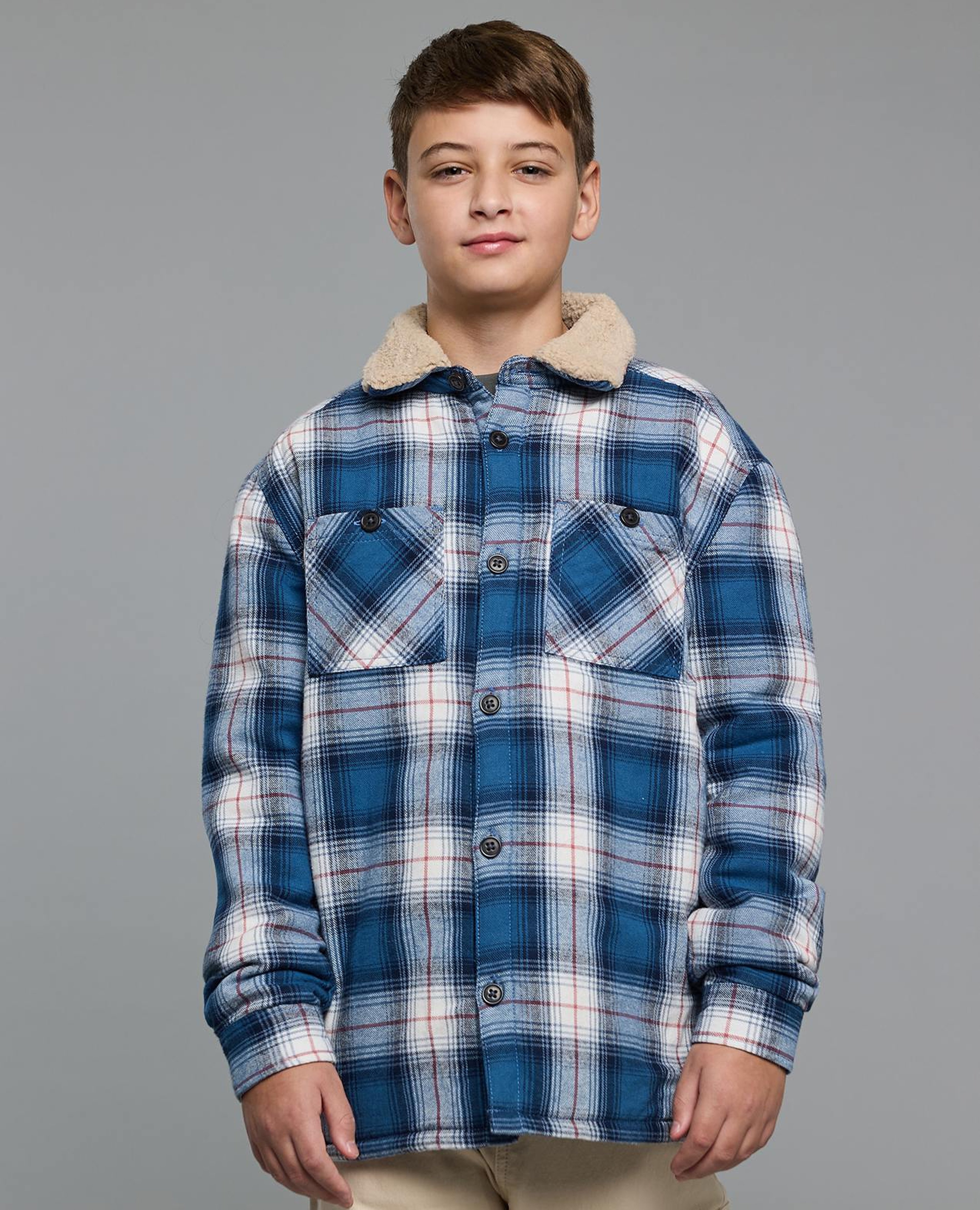 Plaid Jacket with Shirt Collar and Long Sleeves