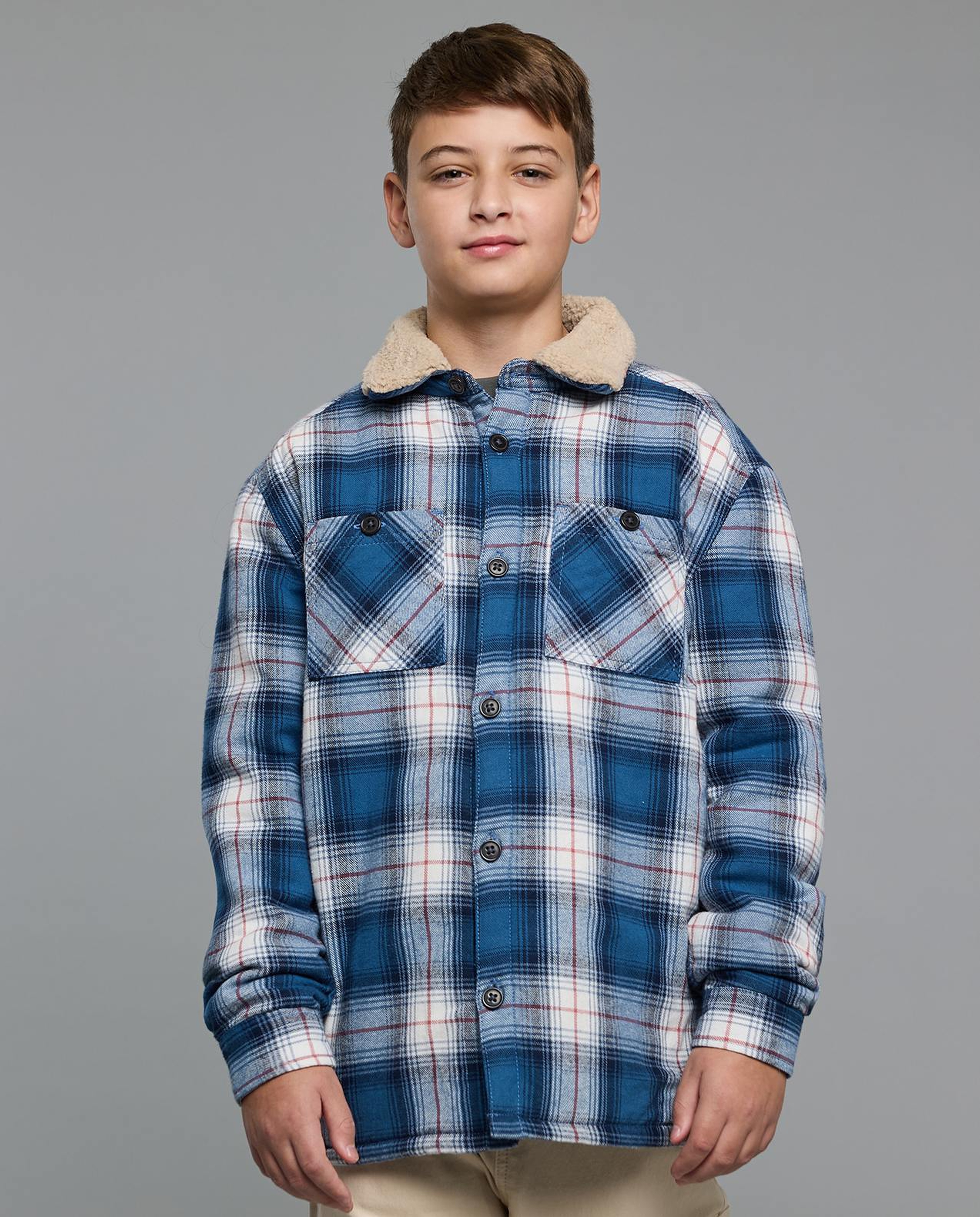 Plaid Jacket with Shirt Collar and Long Sleeves
