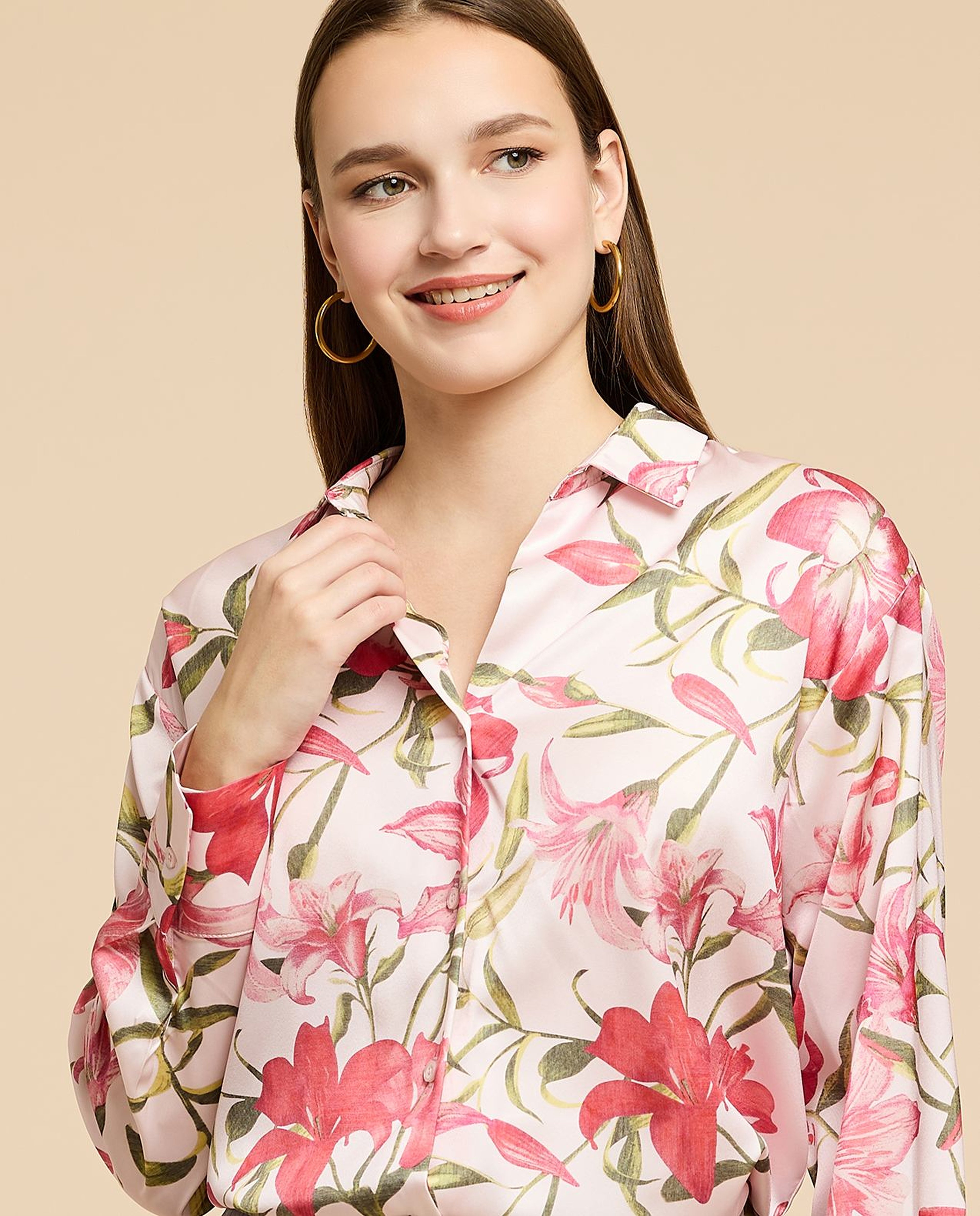 Printed Satin Shirt with Classic Collar and Long Sleeves