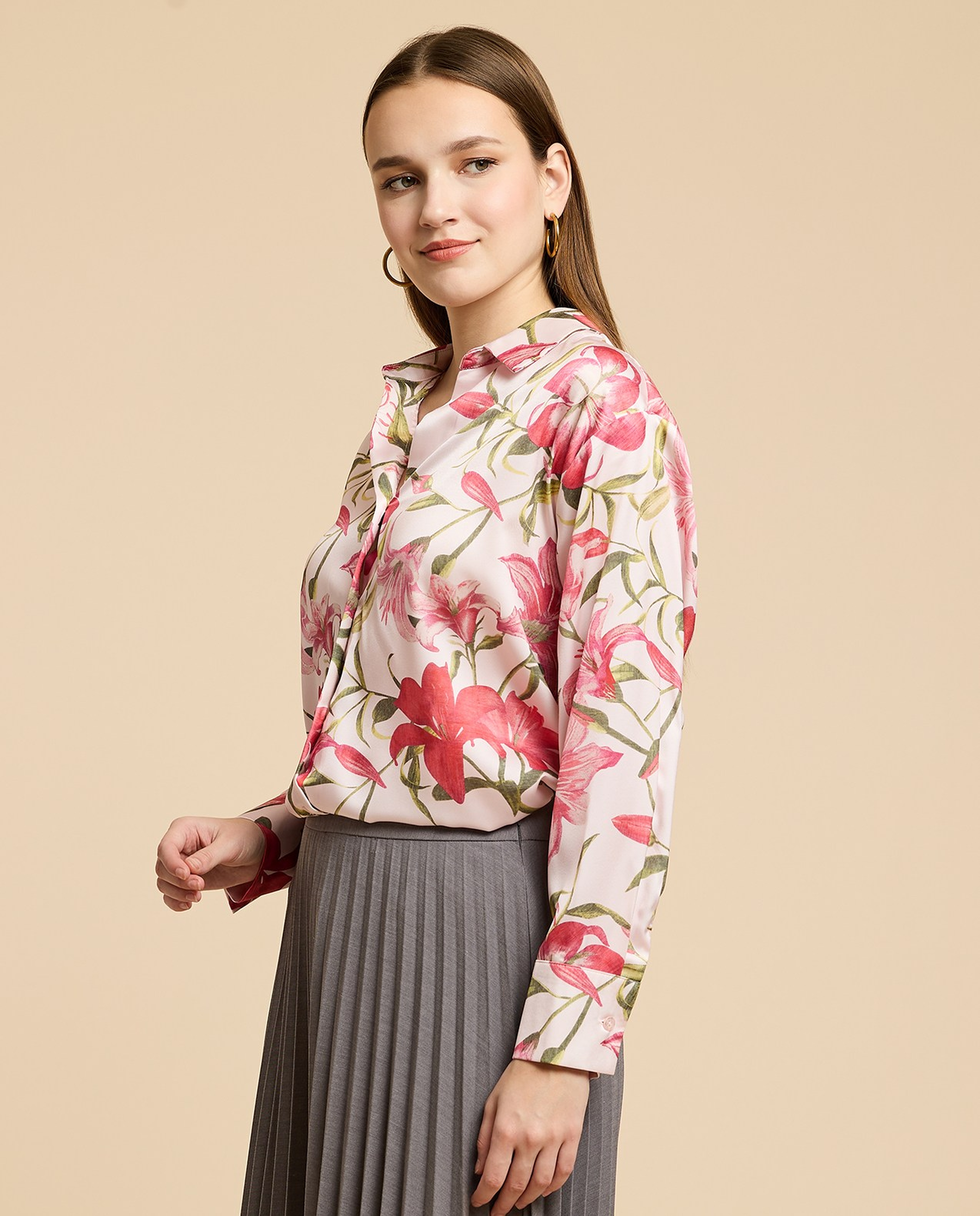 Printed Satin Shirt with Classic Collar and Long Sleeves