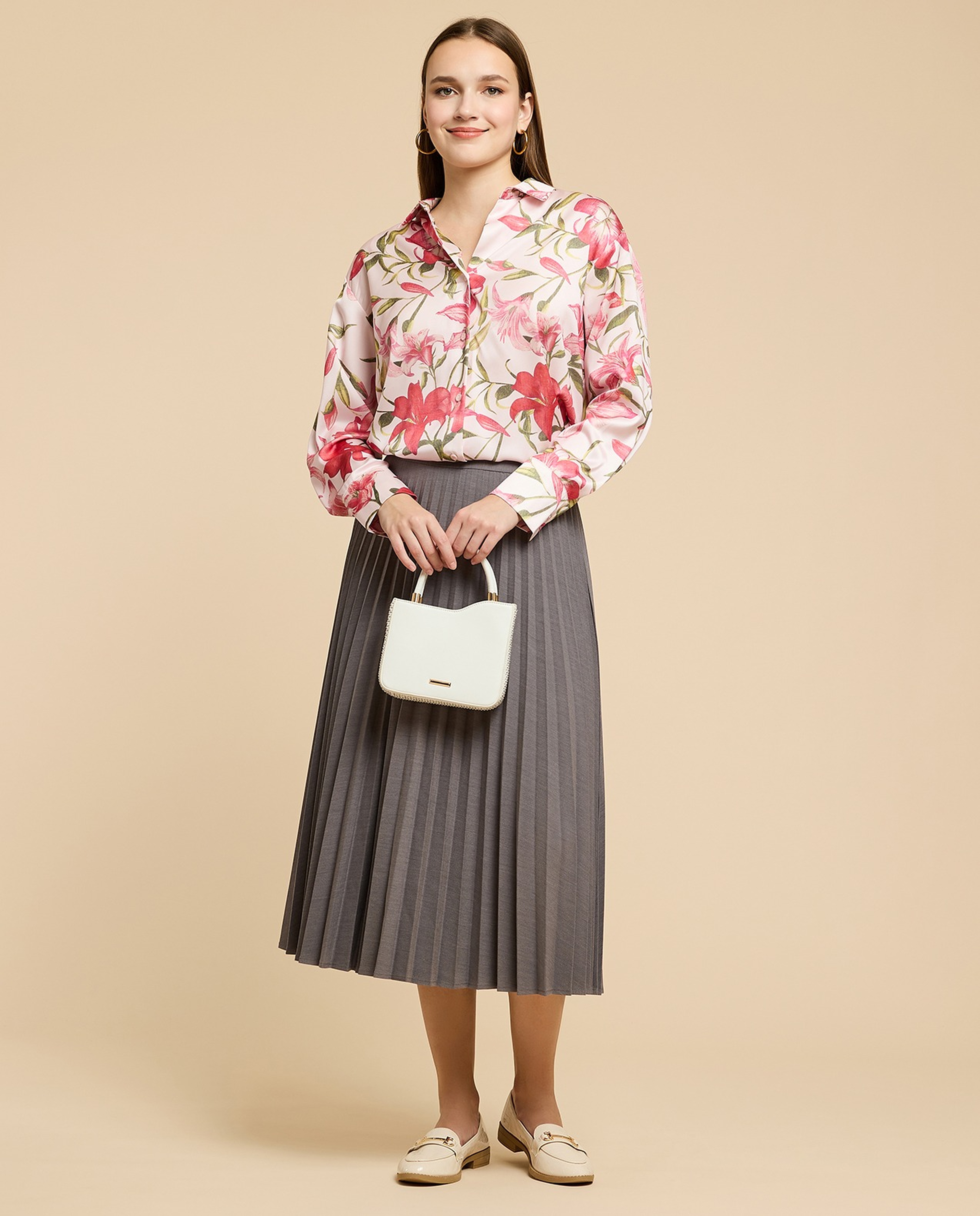 Printed Satin Shirt with Classic Collar and Long Sleeves