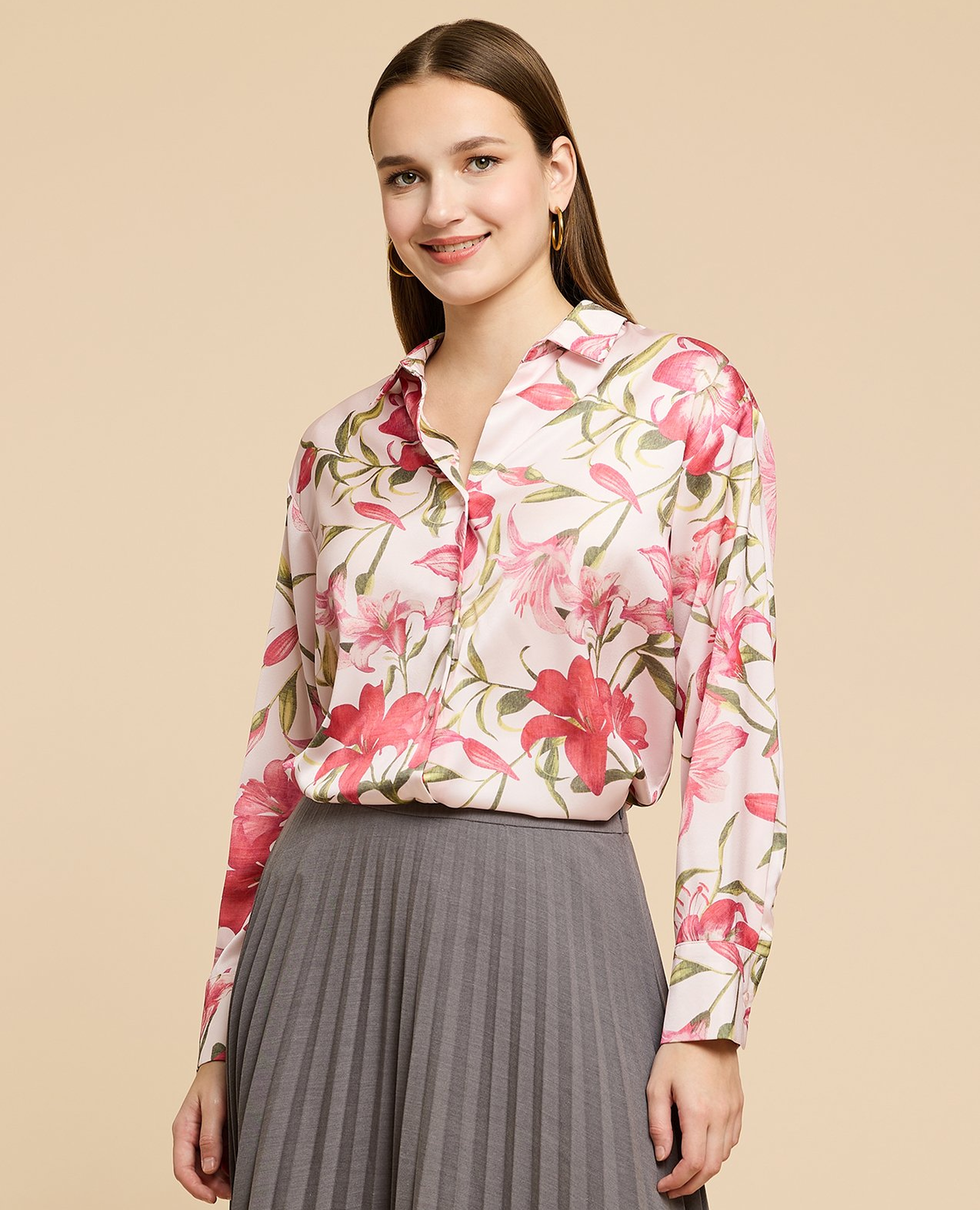 Printed Satin Shirt with Classic Collar and Long Sleeves