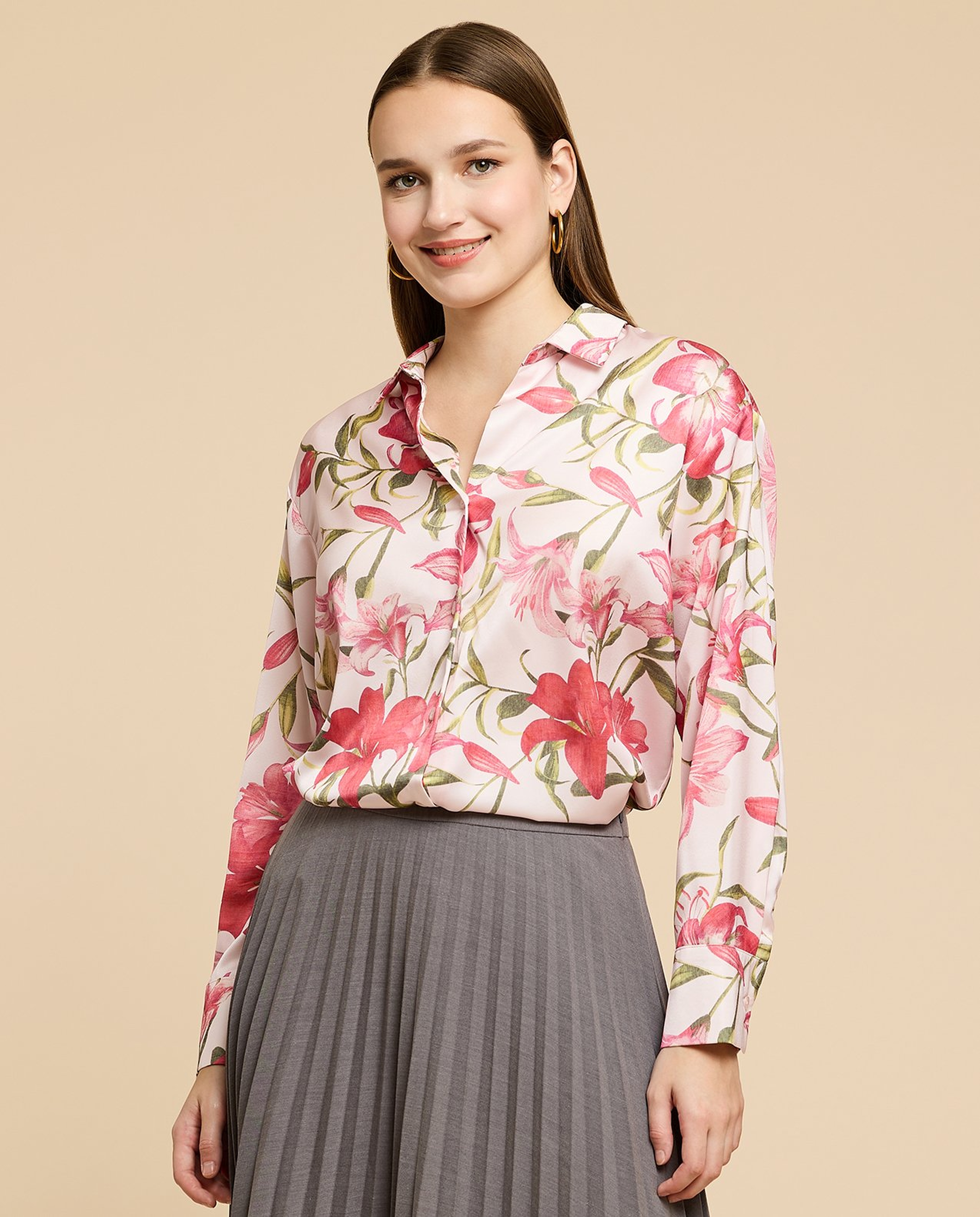 Printed Satin Shirt with Classic Collar and Long Sleeves