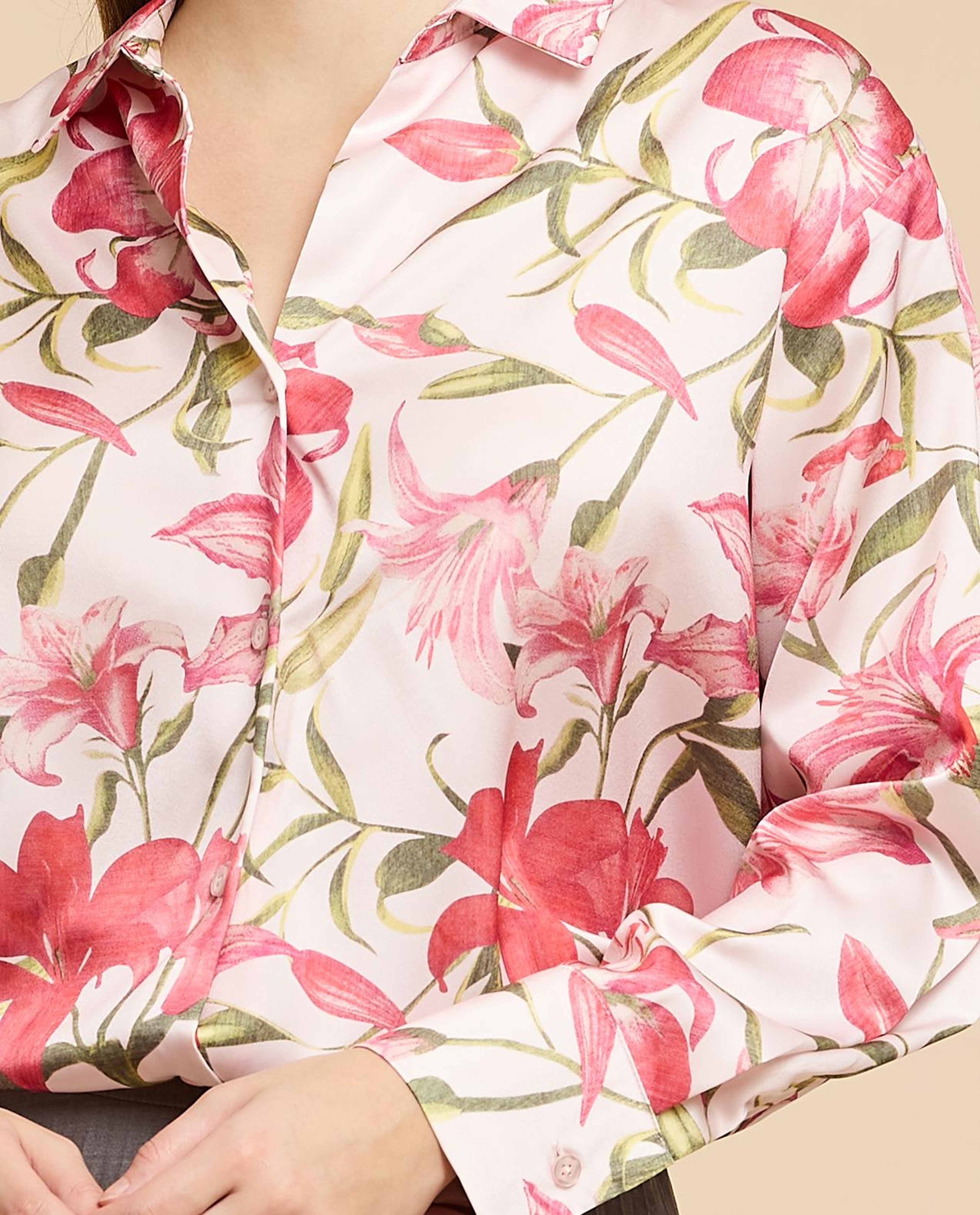 Printed Satin Shirt with Classic Collar and Long Sleeves