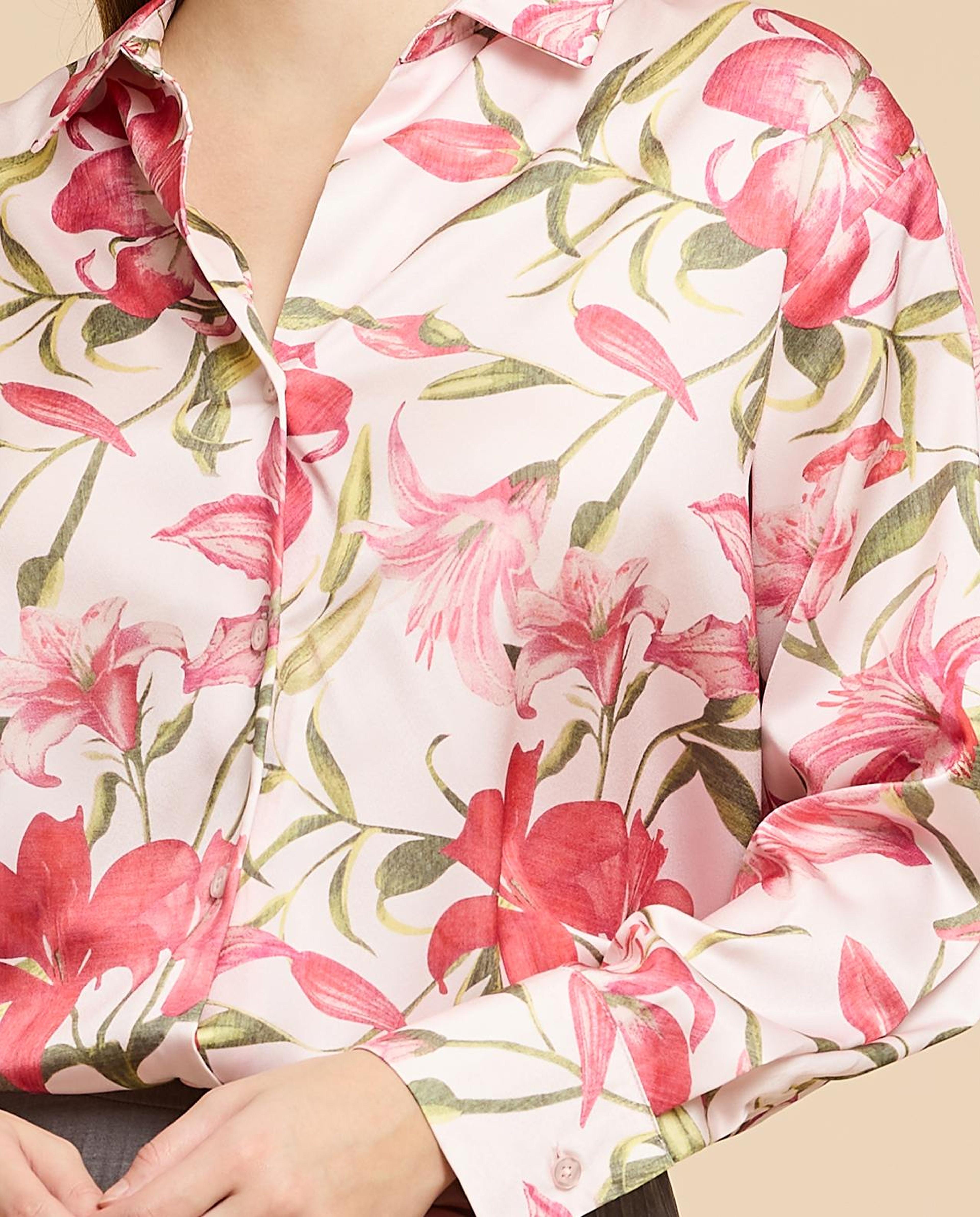 Printed Satin Shirt with Classic Collar and Long Sleeves