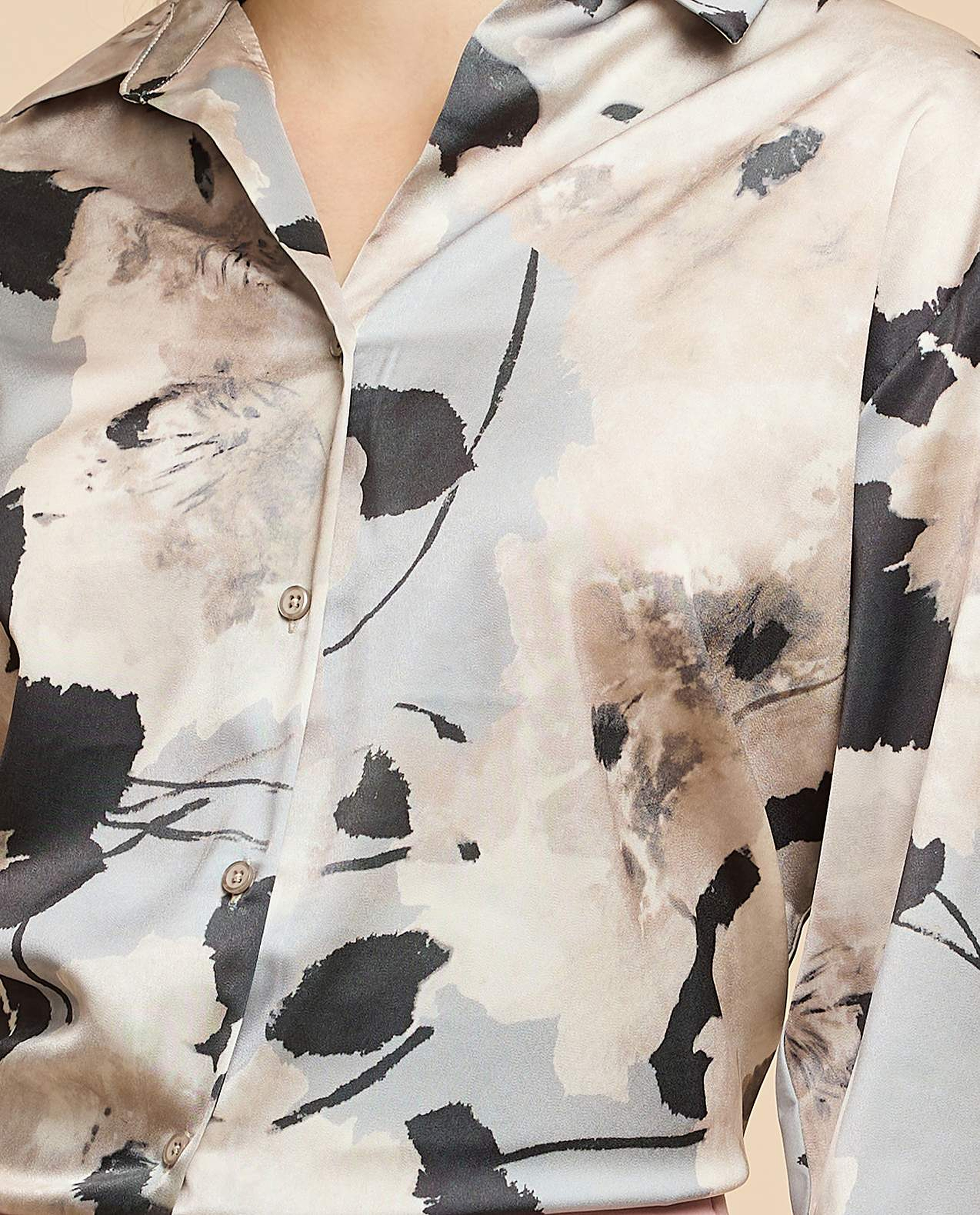 Printed Satin Shirt with Classic Collar and Long Sleeves