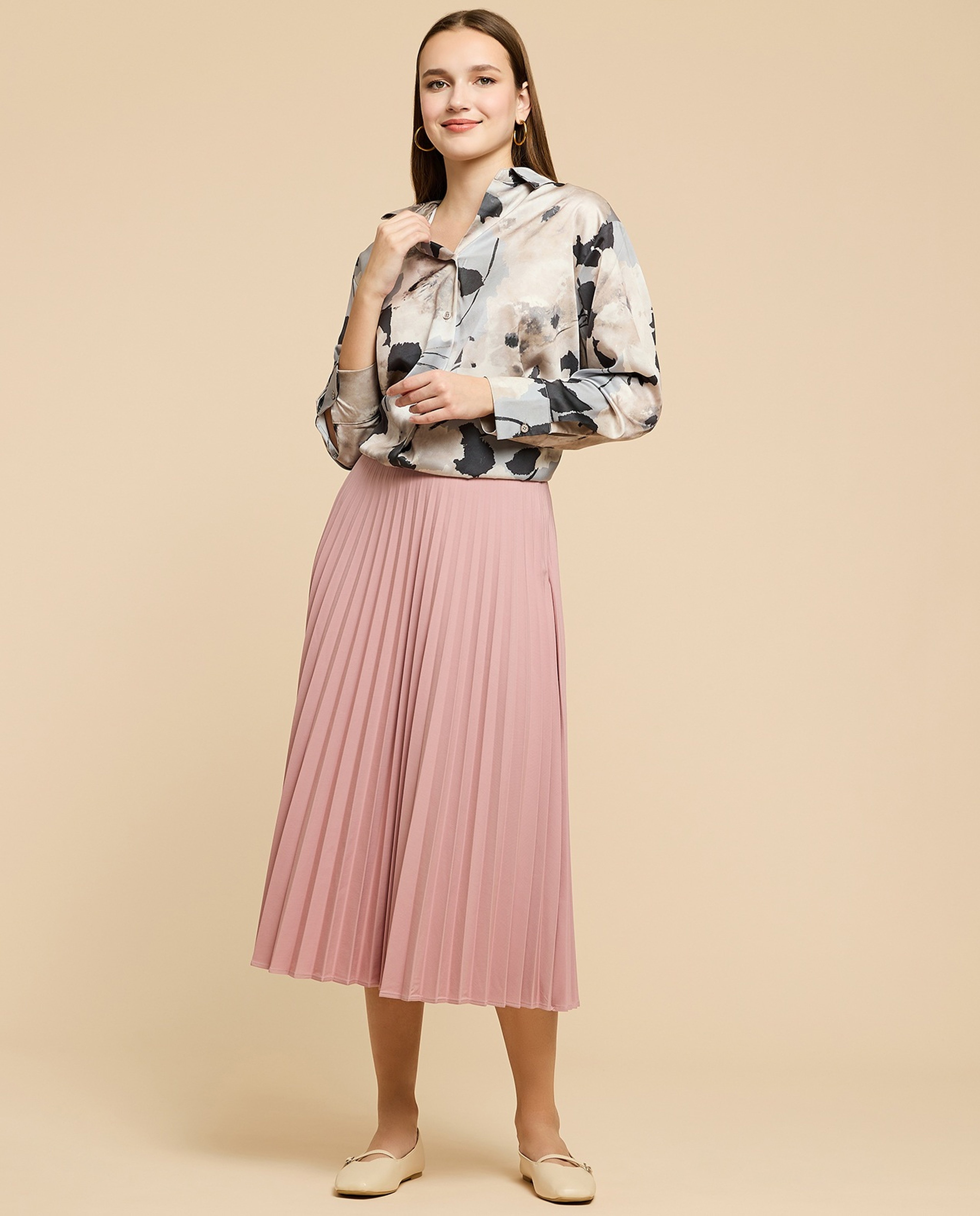 Printed Satin Shirt with Classic Collar and Long Sleeves