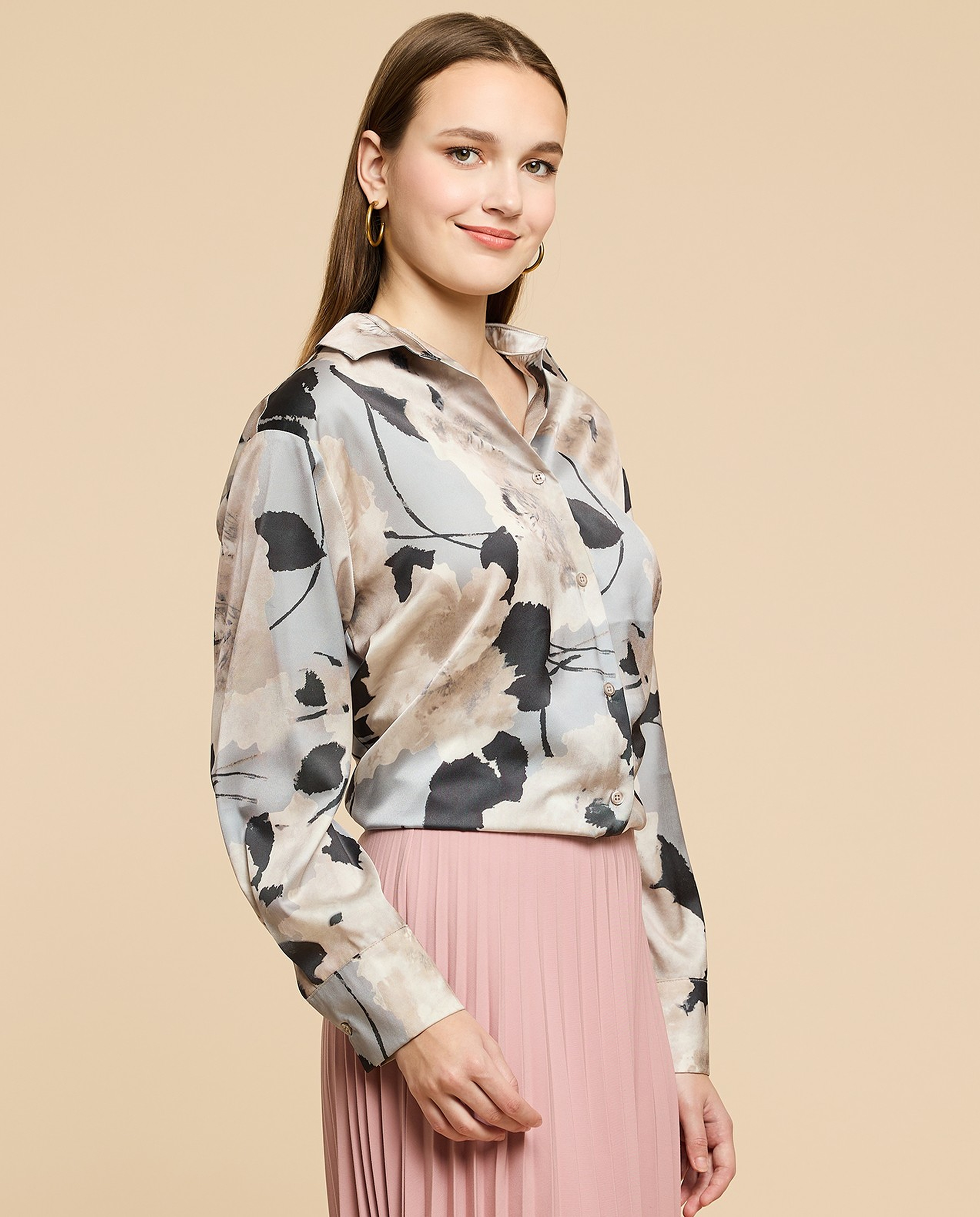 Printed Satin Shirt with Classic Collar and Long Sleeves