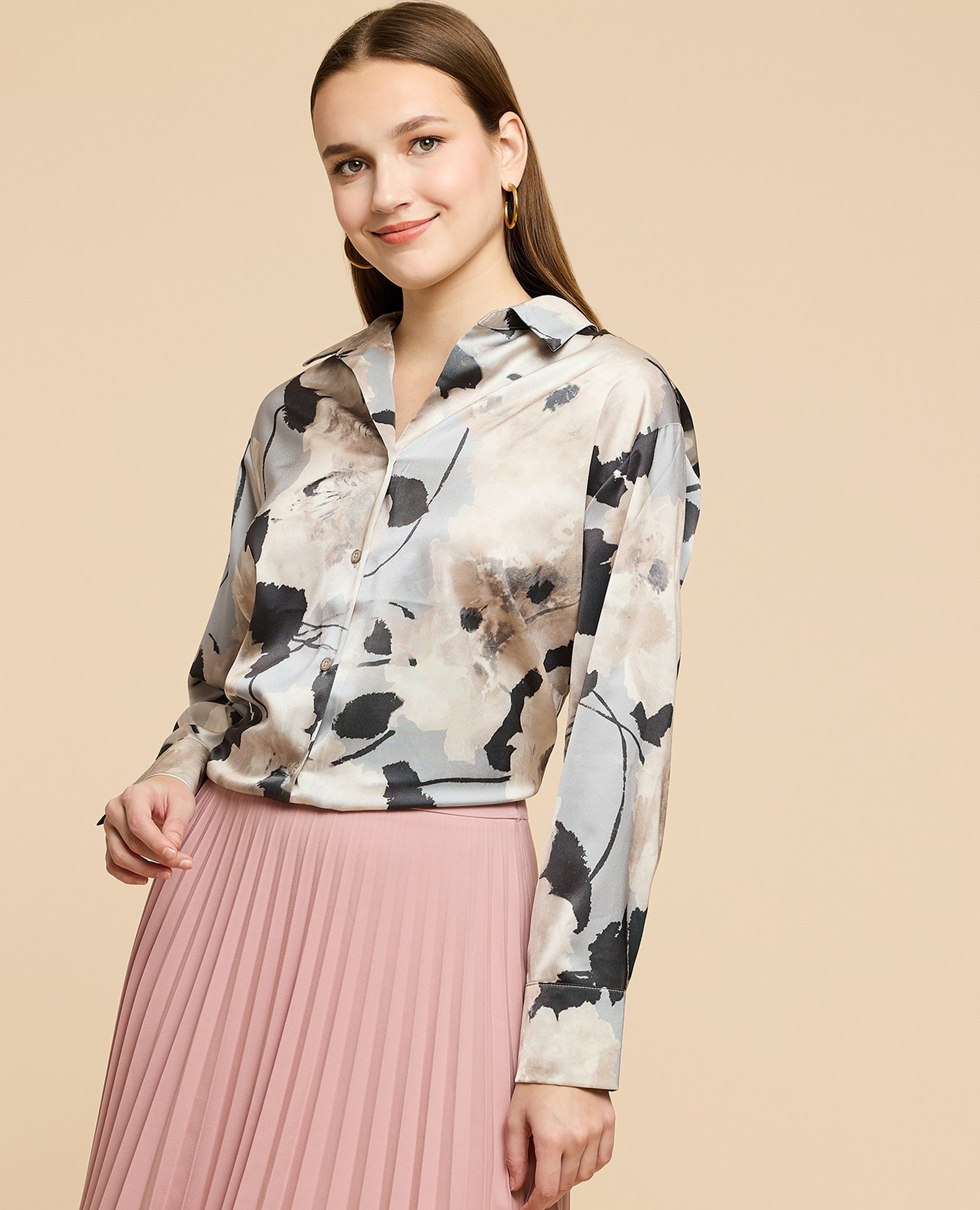 Printed Satin Shirt with Classic Collar and Long Sleeves