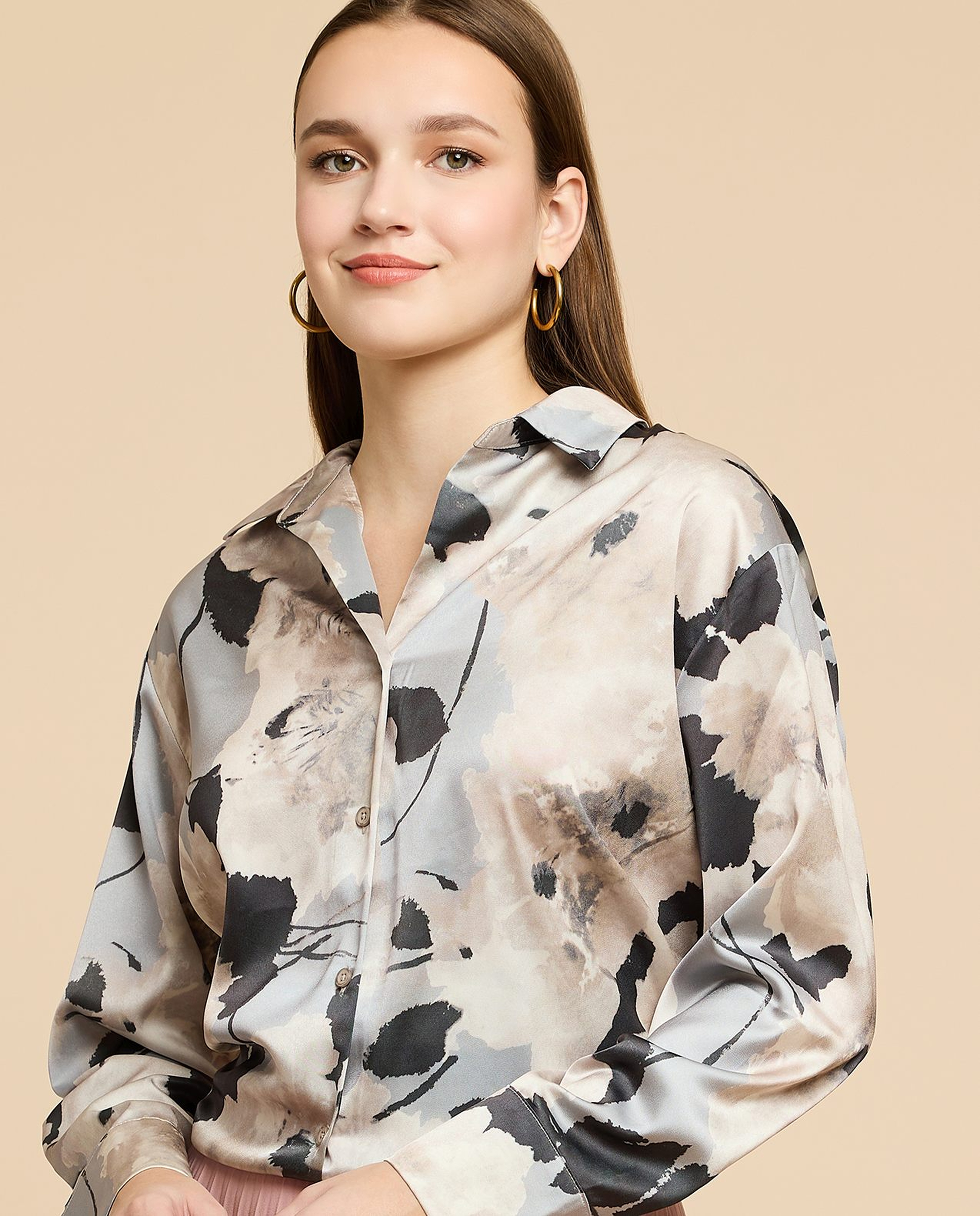 Printed Satin Shirt with Classic Collar and Long Sleeves