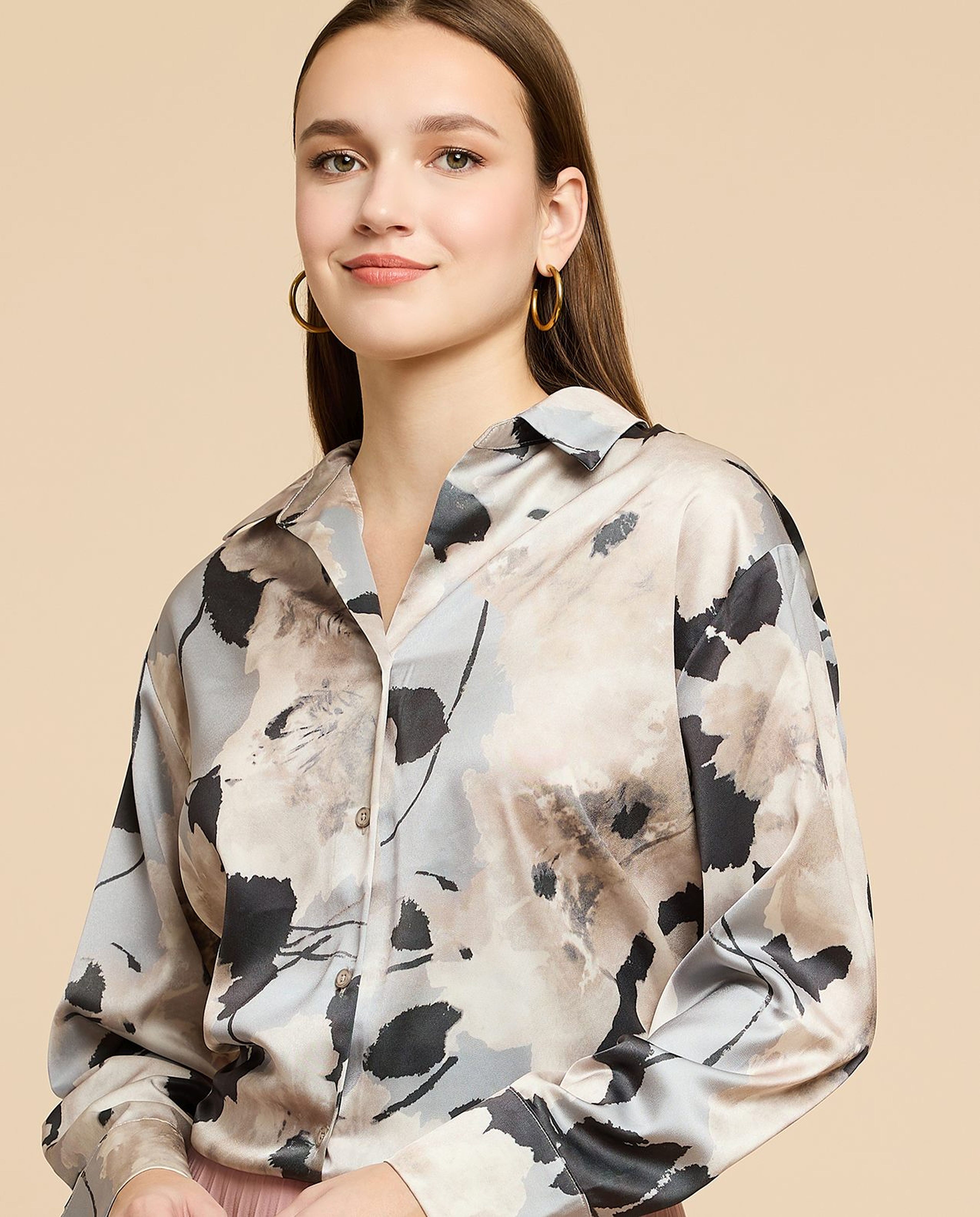 Printed Satin Shirt with Classic Collar and Long Sleeves