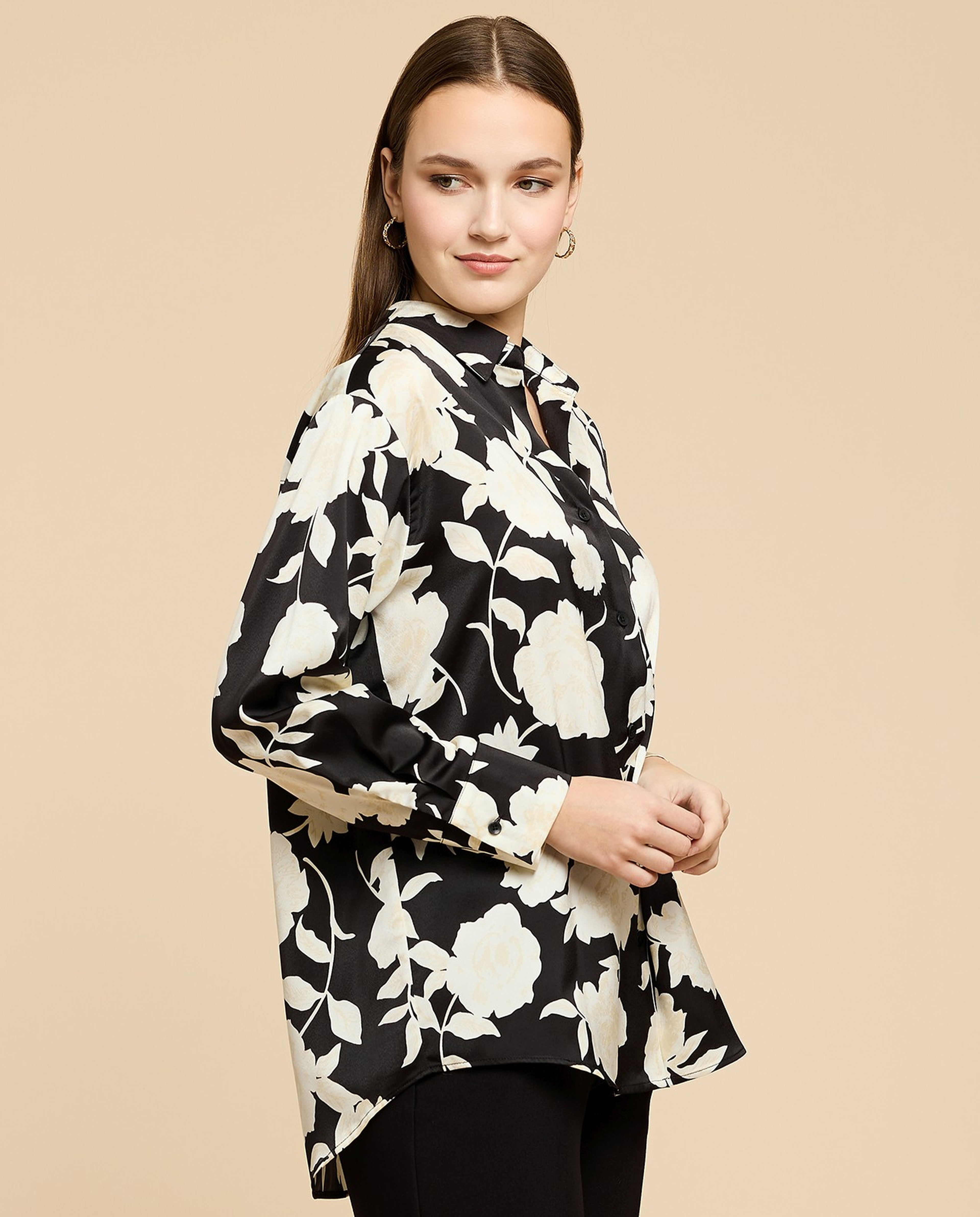 Printed Satin Shirt with Classic Collar and Long Sleeves