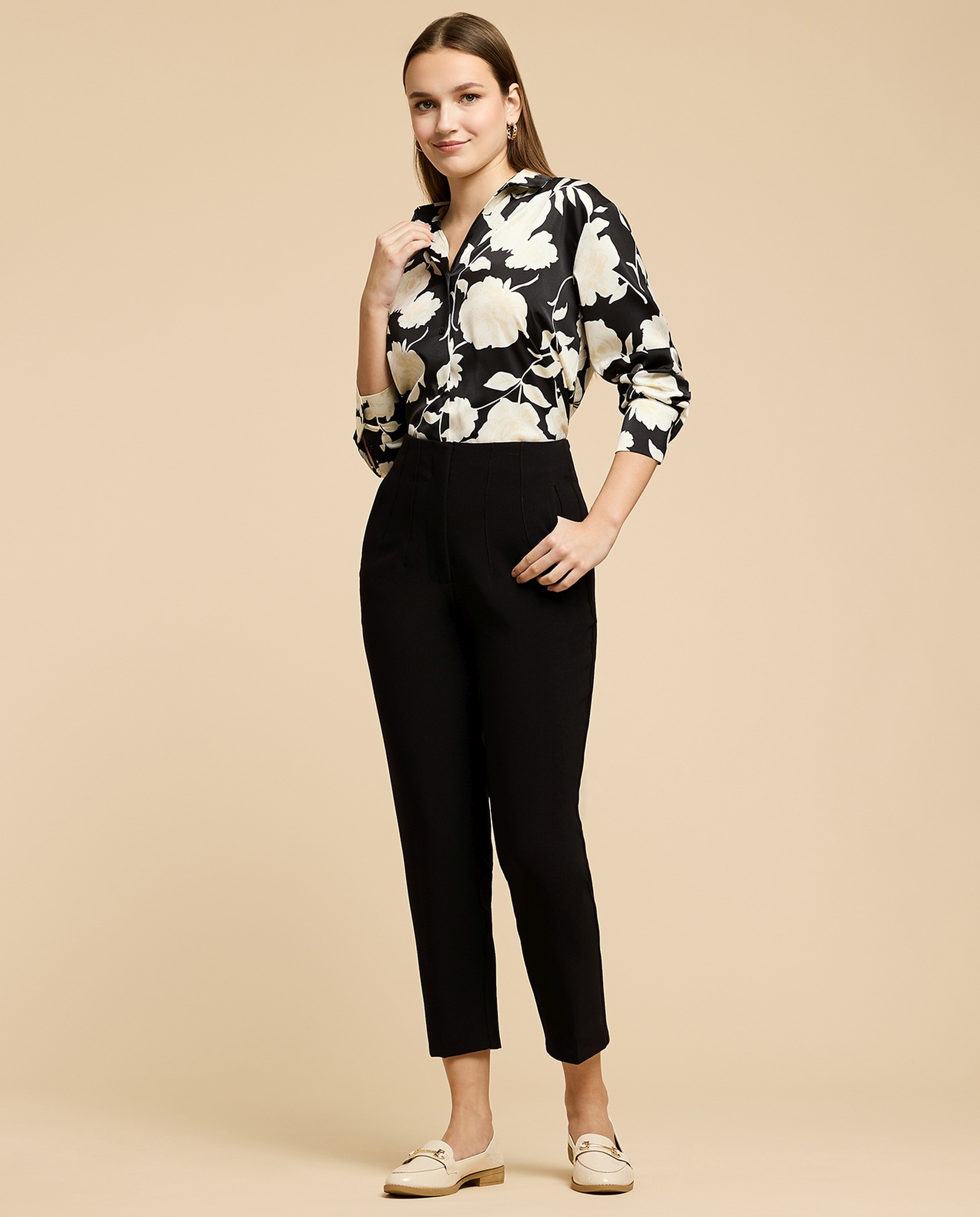 Printed Satin Shirt with Classic Collar and Long Sleeves