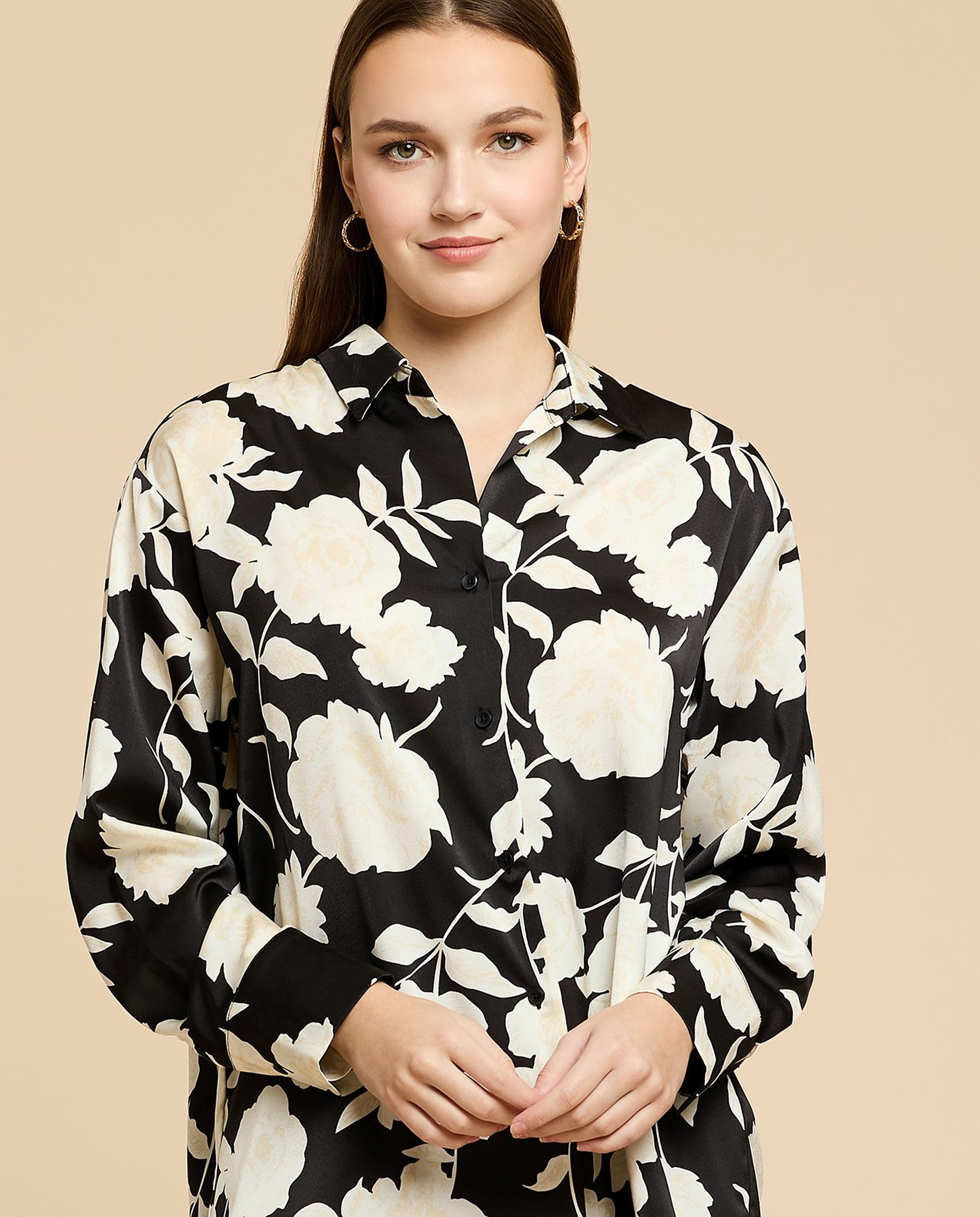 Printed Satin Shirt with Classic Collar and Long Sleeves